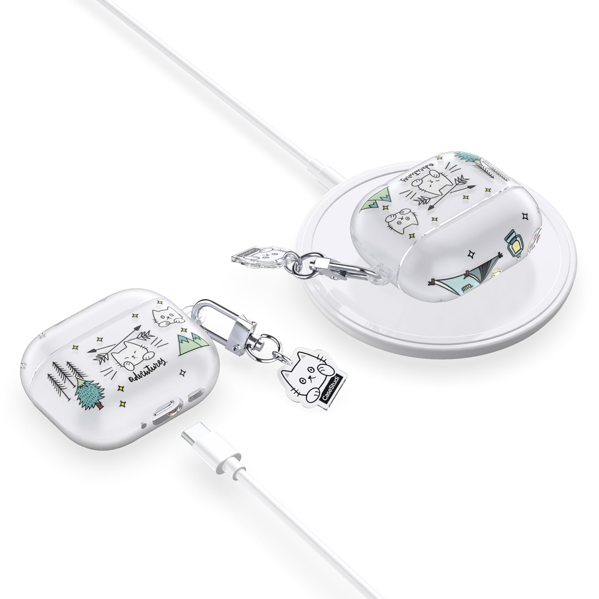 Casestudi AirPods 4 Case featuring a campfire-inspired design, supporting both wired and wireless charging, and includes a custom double-sided acrylic keyring—ideal for cat lovers and adventure enthusiasts.