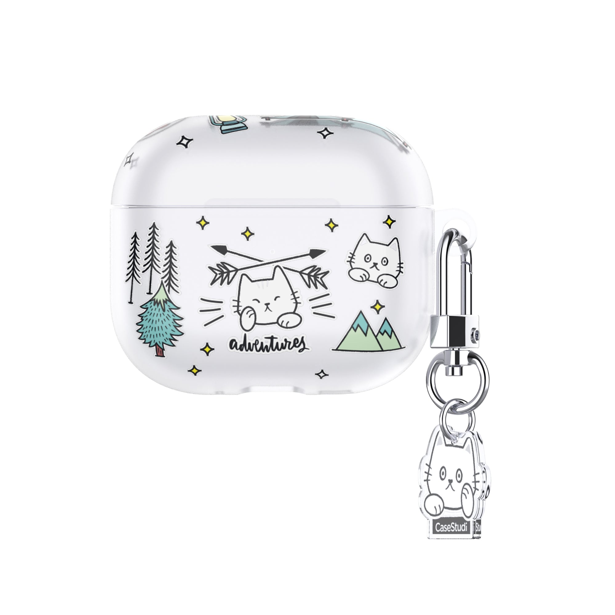 Casestudi AirPods 4 Case with a charming campfire-themed pattern and a double-sided custom acrylic keyring, perfect for cat lovers and adventure enthusiasts.
