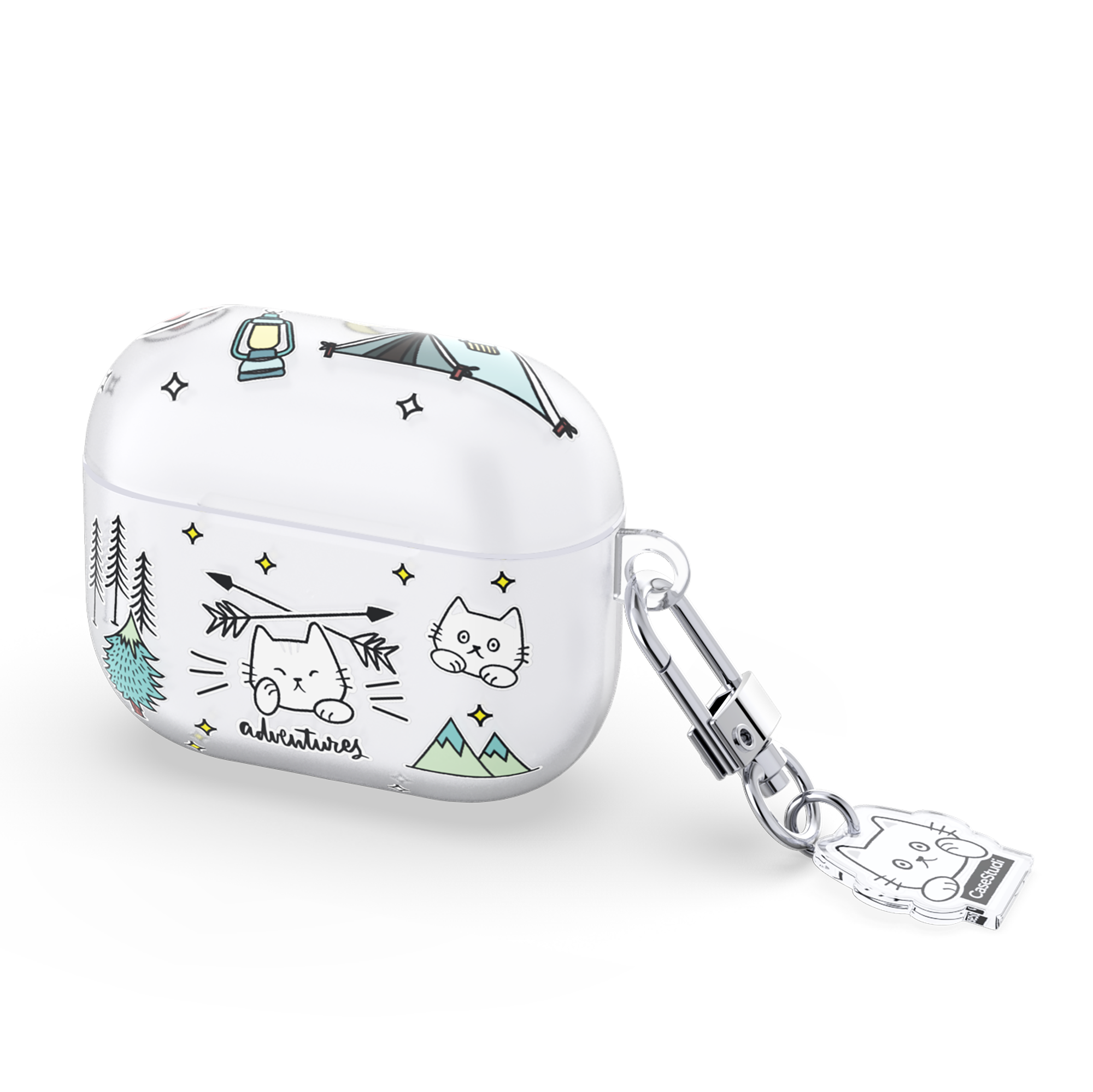 Casestudi AirPods 4 Case with a campfire-themed design, featuring cozy outdoor elements and paired with a double-sided custom acrylic keyring for a rugged yet charming touch.