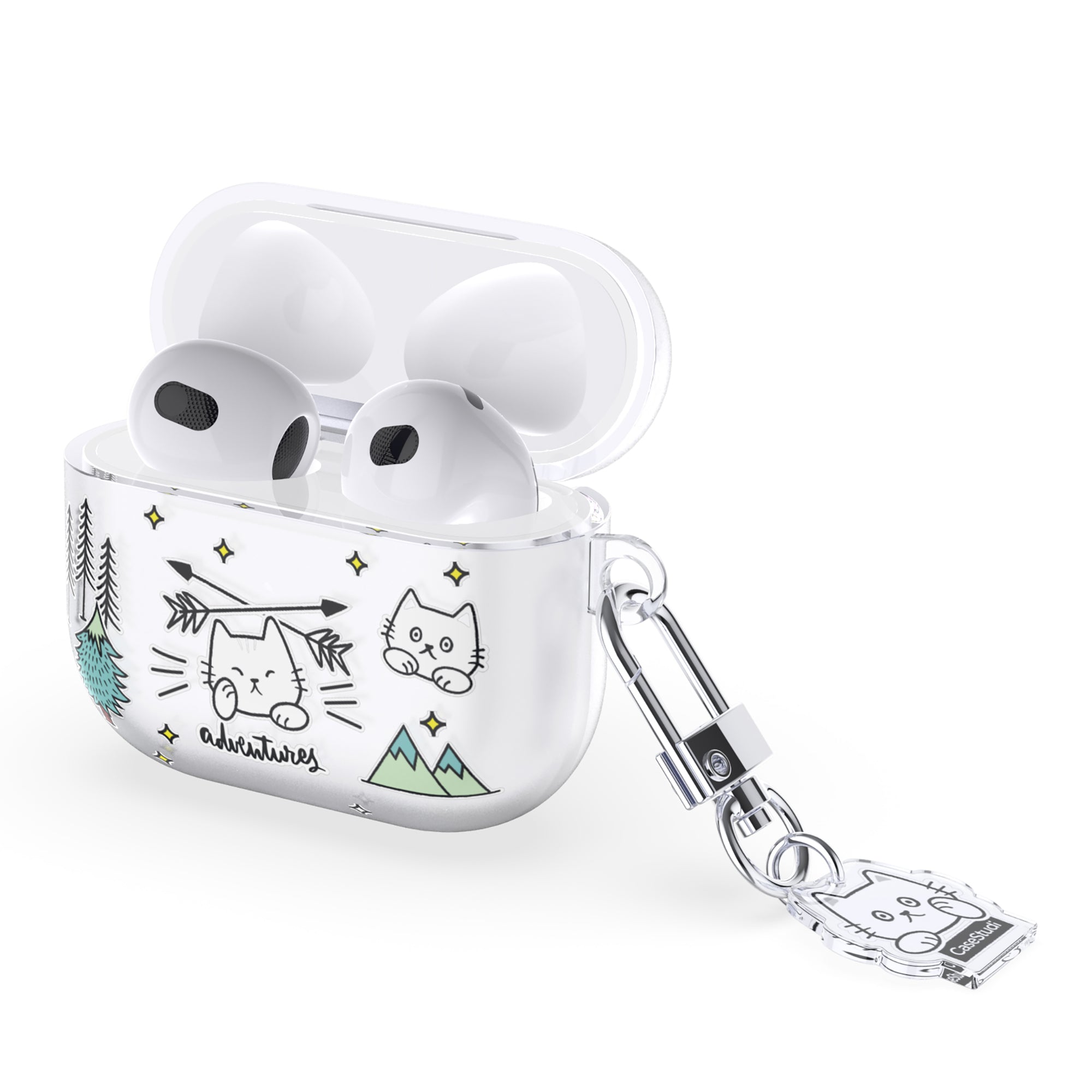 Casestudi AirPods 4 Case with a campfire-themed design, featuring cozy outdoor elements and paired with a double-sided custom acrylic keyring for a rugged yet charming touch.