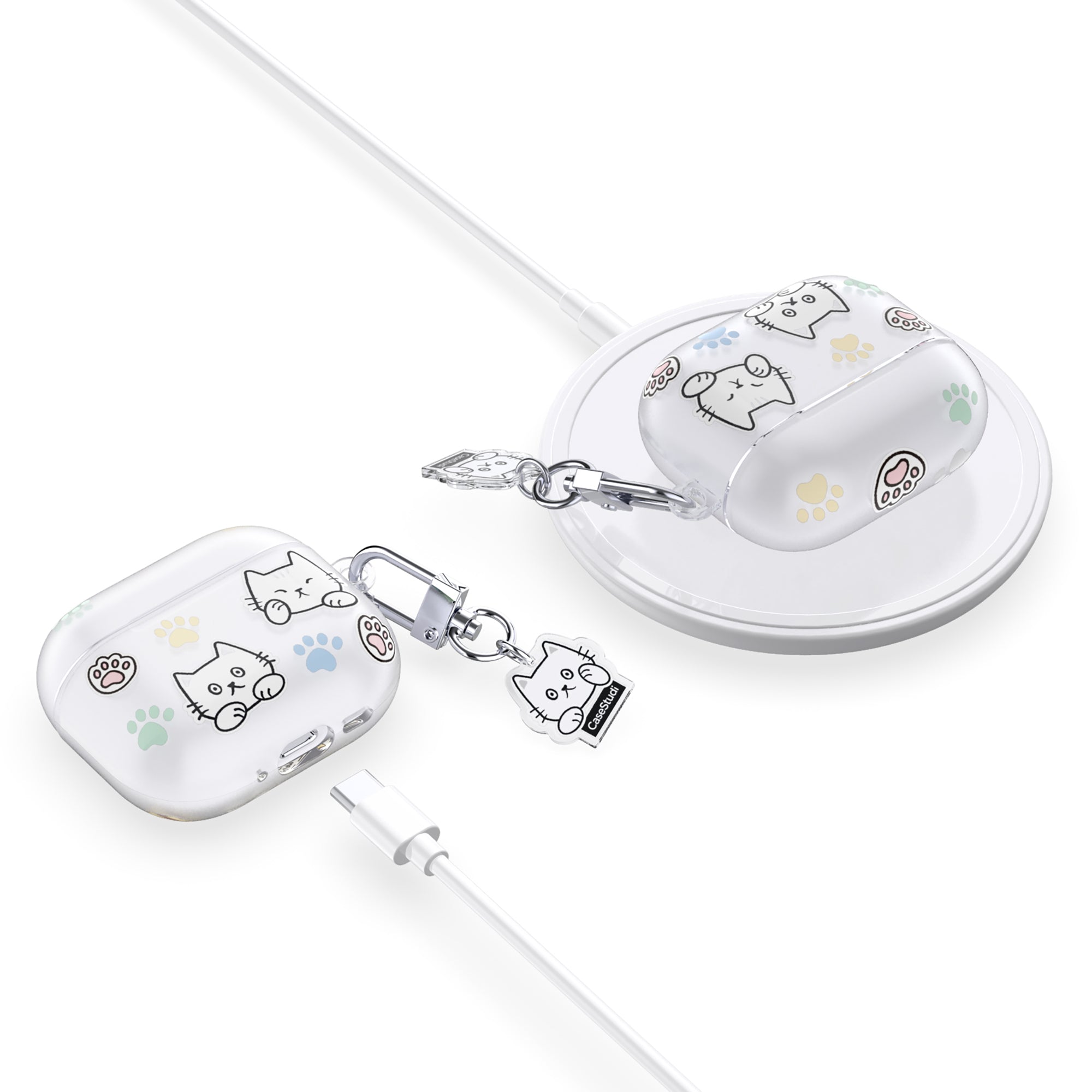 Casestudi AirPods 4 Case featuring a charming Cast character design with adorable cat footprints, compatible with both wired and wireless charging, and paired with a custom double-sided acrylic keyring for cat lovers.