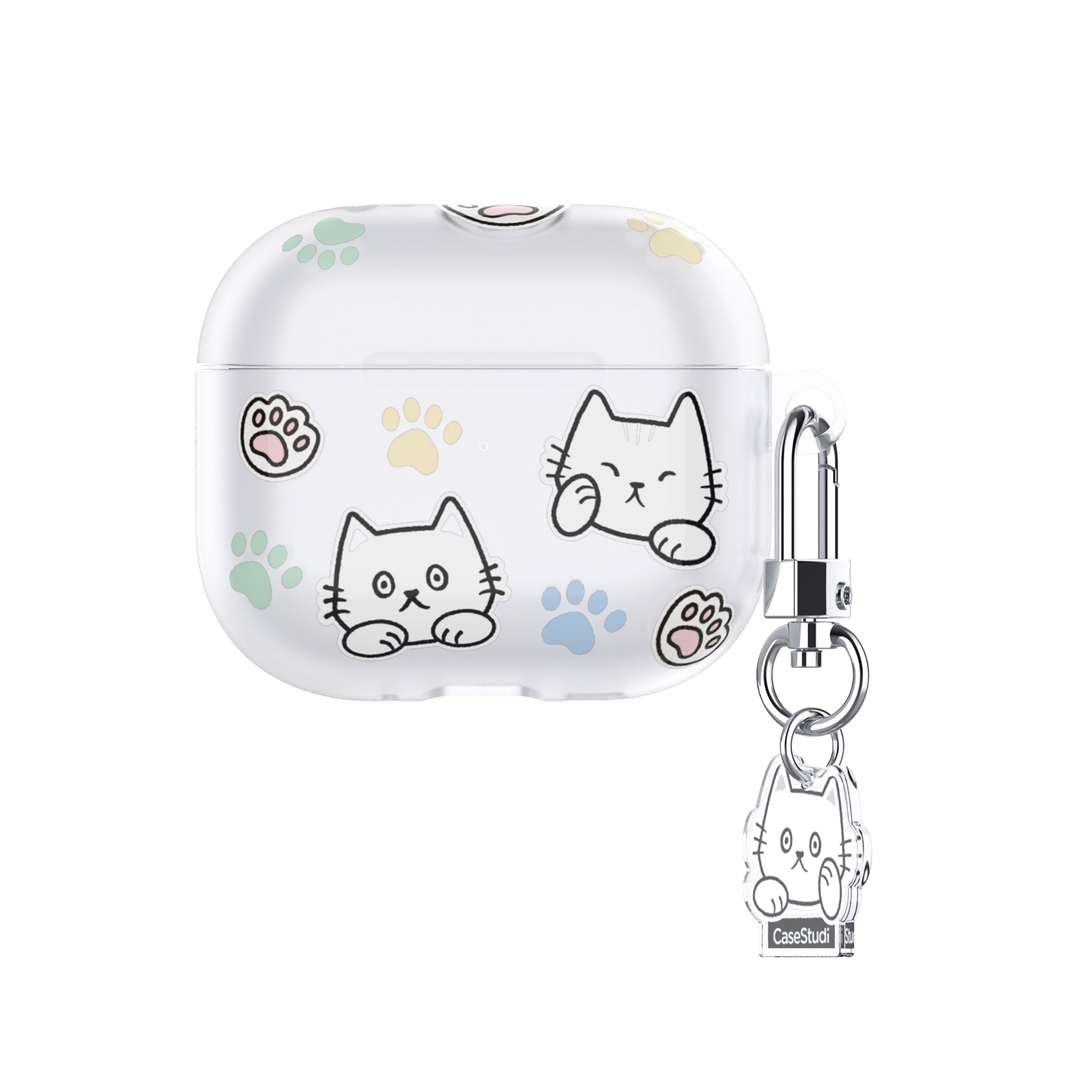 Casestudi AirPods 4 Case with Cast character pattern and adorable cat footprints, featuring a custom double-sided acrylic keyring, perfect for cat lovers and daily use.