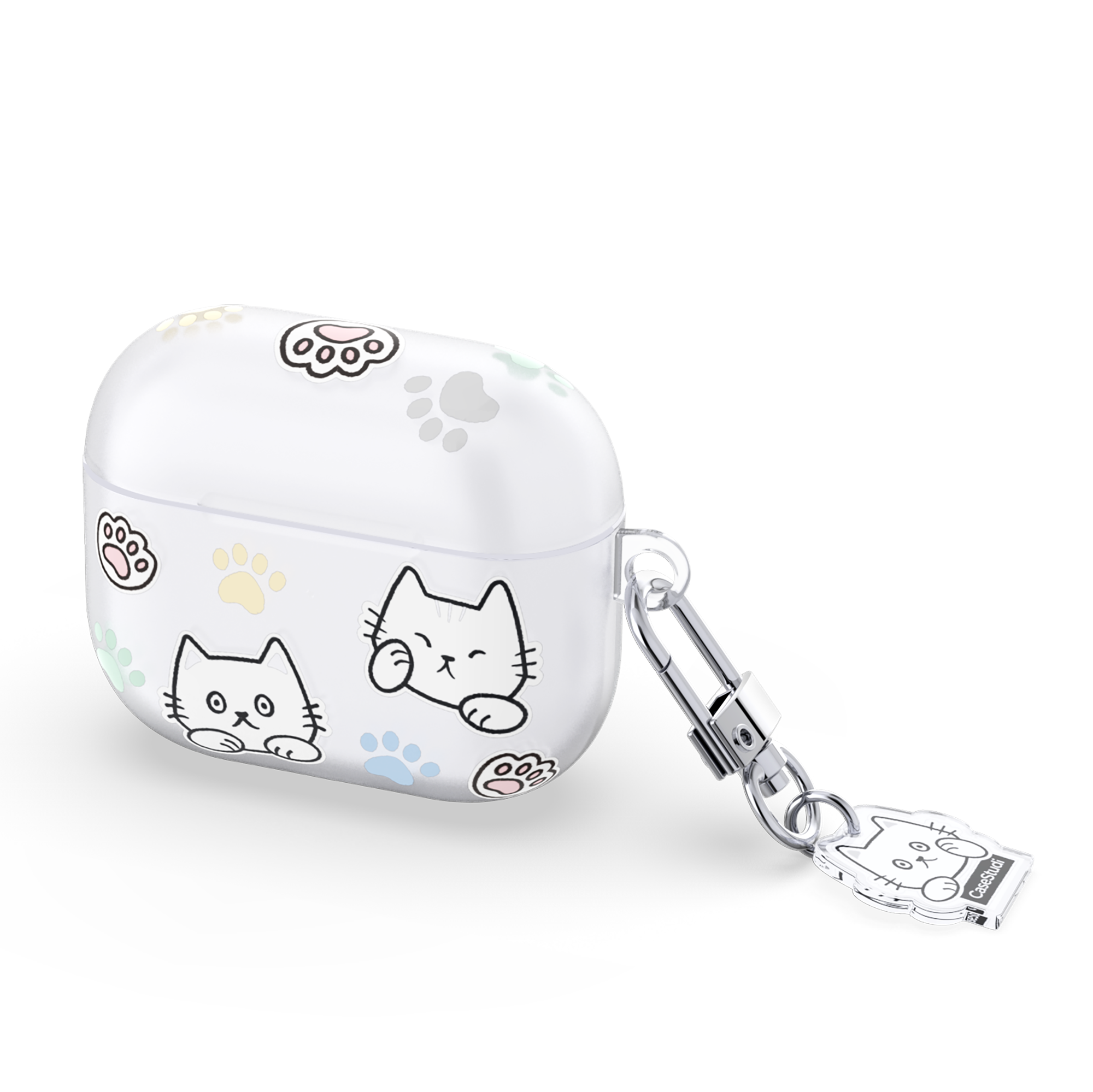 Casestudi AirPods 4 Case with a delightful Cast character pattern and charming cat footprints, paired with a double-sided custom acrylic keyring, perfect for cat lovers and daily essentials.