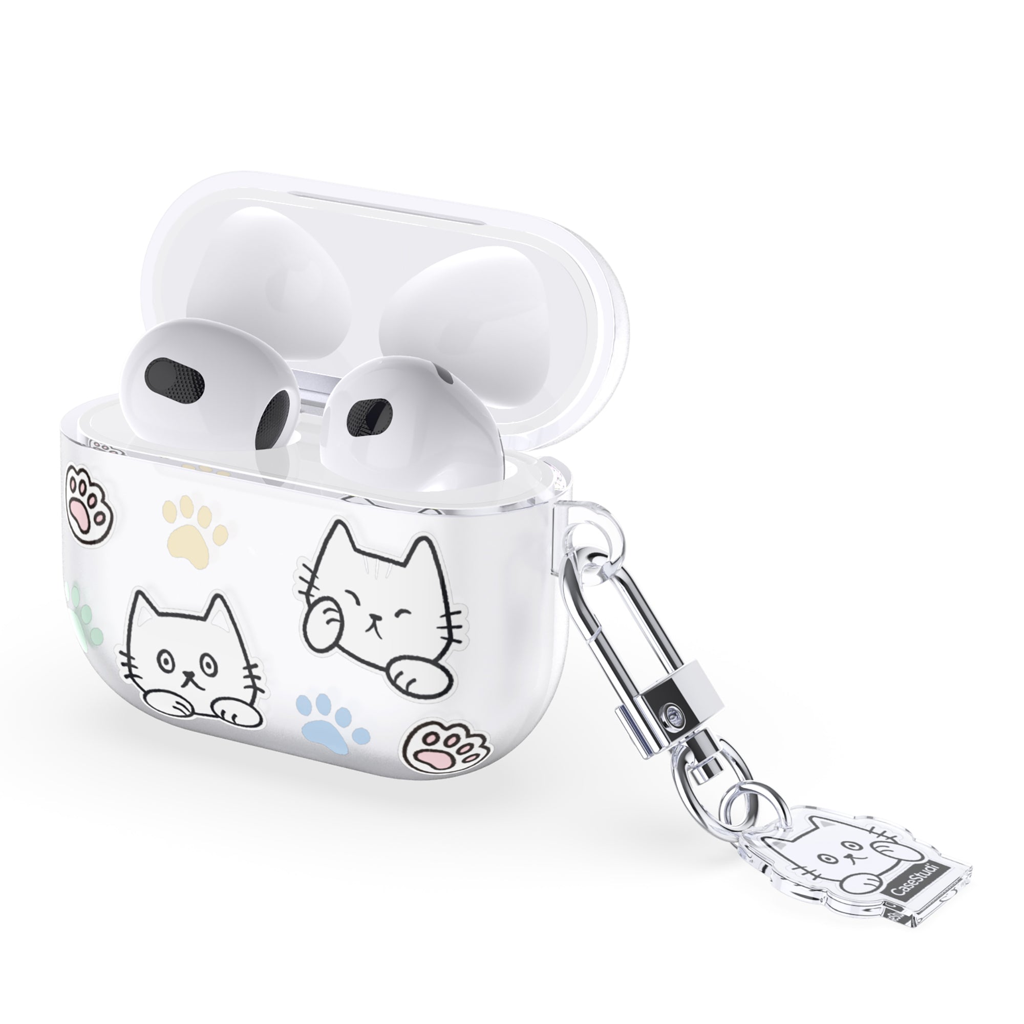 Casestudi AirPods 4 Case with a delightful Cast character pattern and charming cat footprints, paired with a double-sided custom acrylic keyring, perfect for cat lovers and daily essentials.