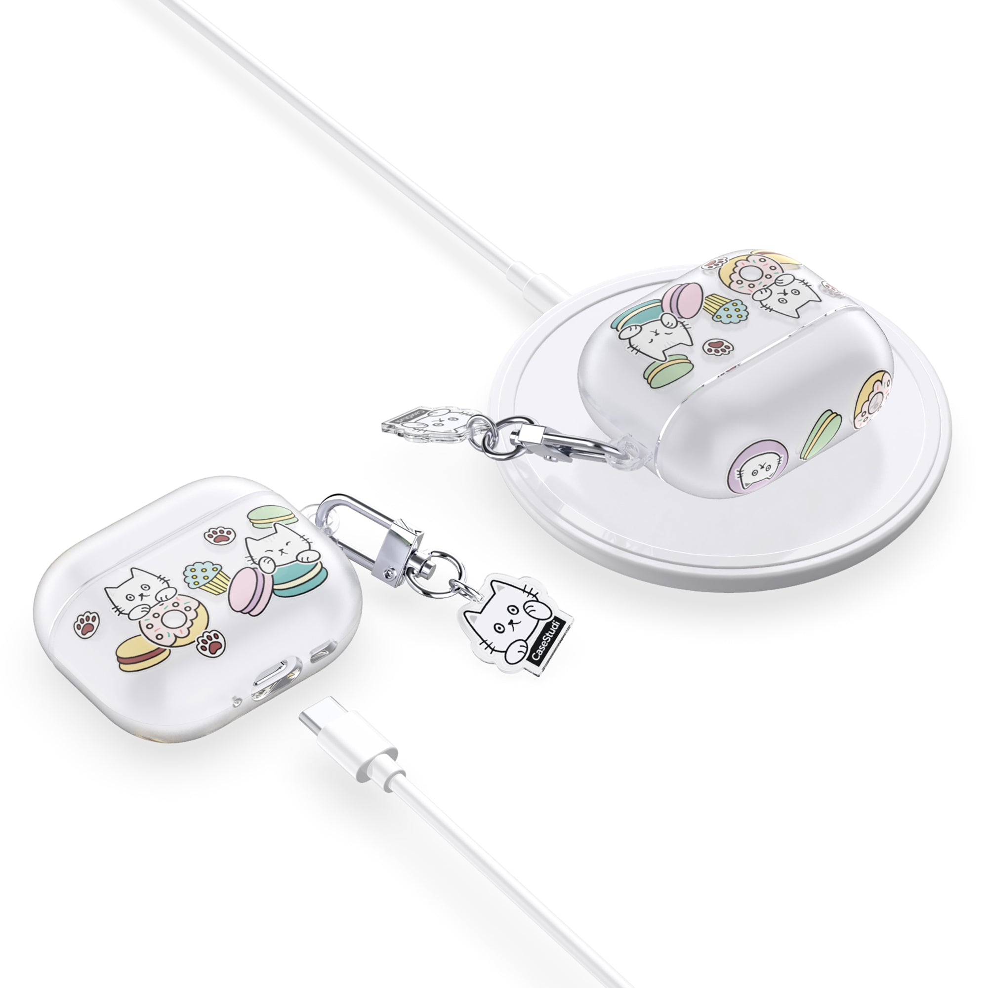 Casestudi AirPods 4 Case with a Patterisse-themed design of macarons, donuts, and cupcakes, compatible with both wired and wireless charging, and paired with a custom double-sided acrylic keyring for a playful charm.