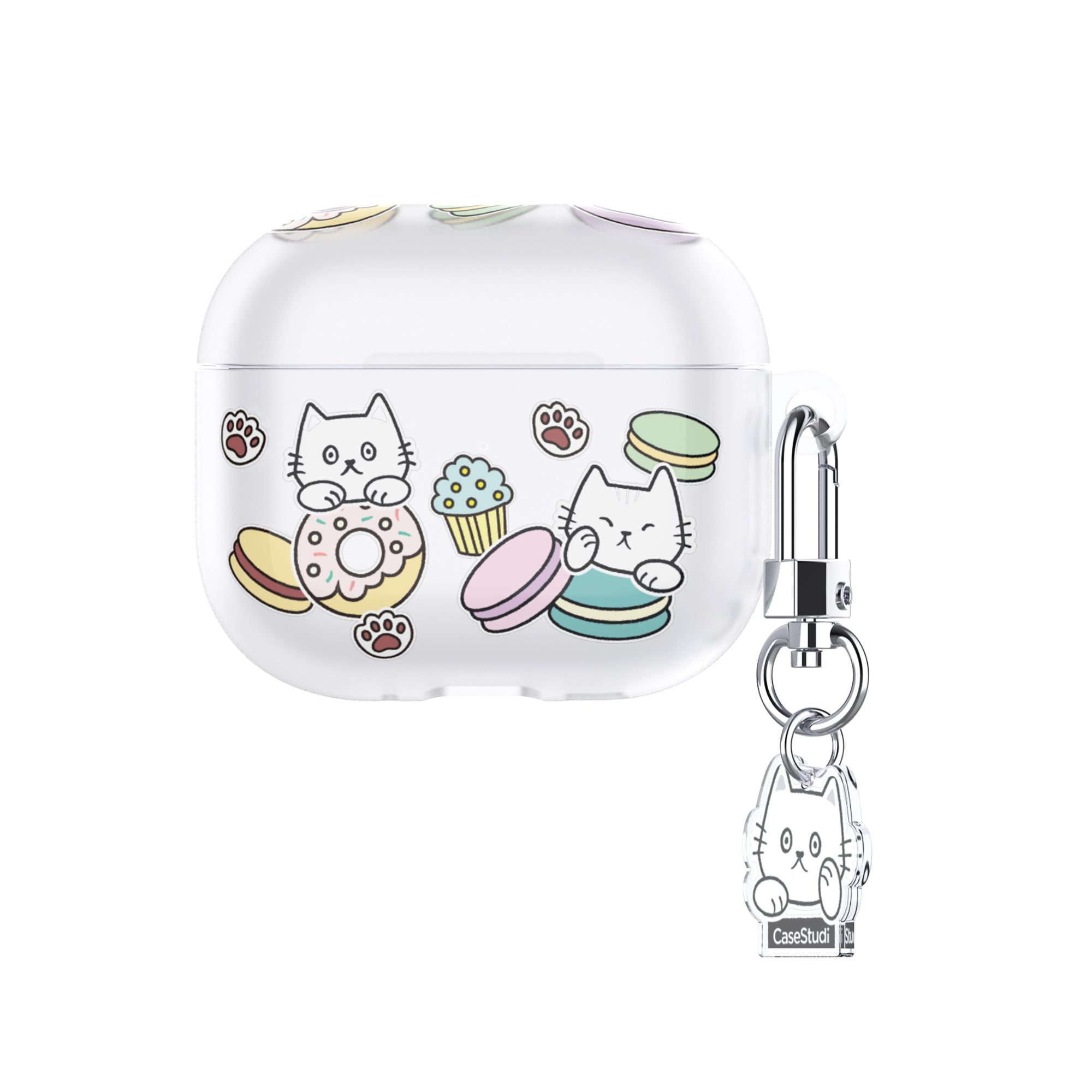 Casestudi AirPods 4 Case with Patterisse-themed design featuring macarons, donuts, and cupcakes, paired with a custom double-sided acrylic keyring for a sweet and playful look.