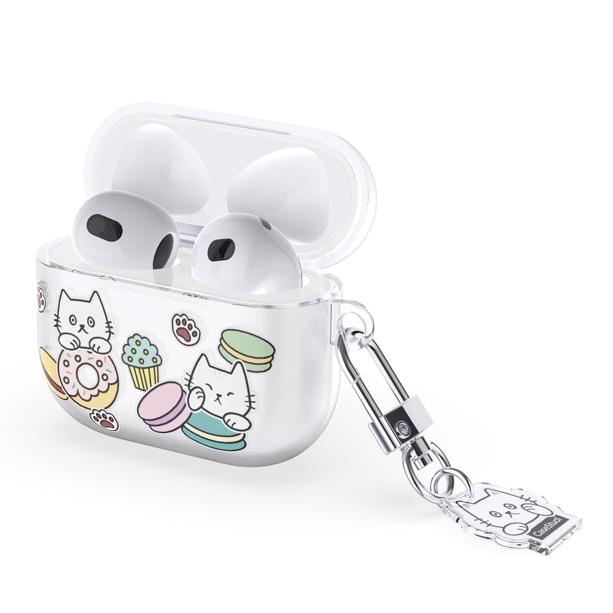 Casestudi AirPods 4 Case with Patterisse-themed design featuring macarons, donuts, and cupcakes, paired with a custom double-sided acrylic keyring for a sweet and playful look.