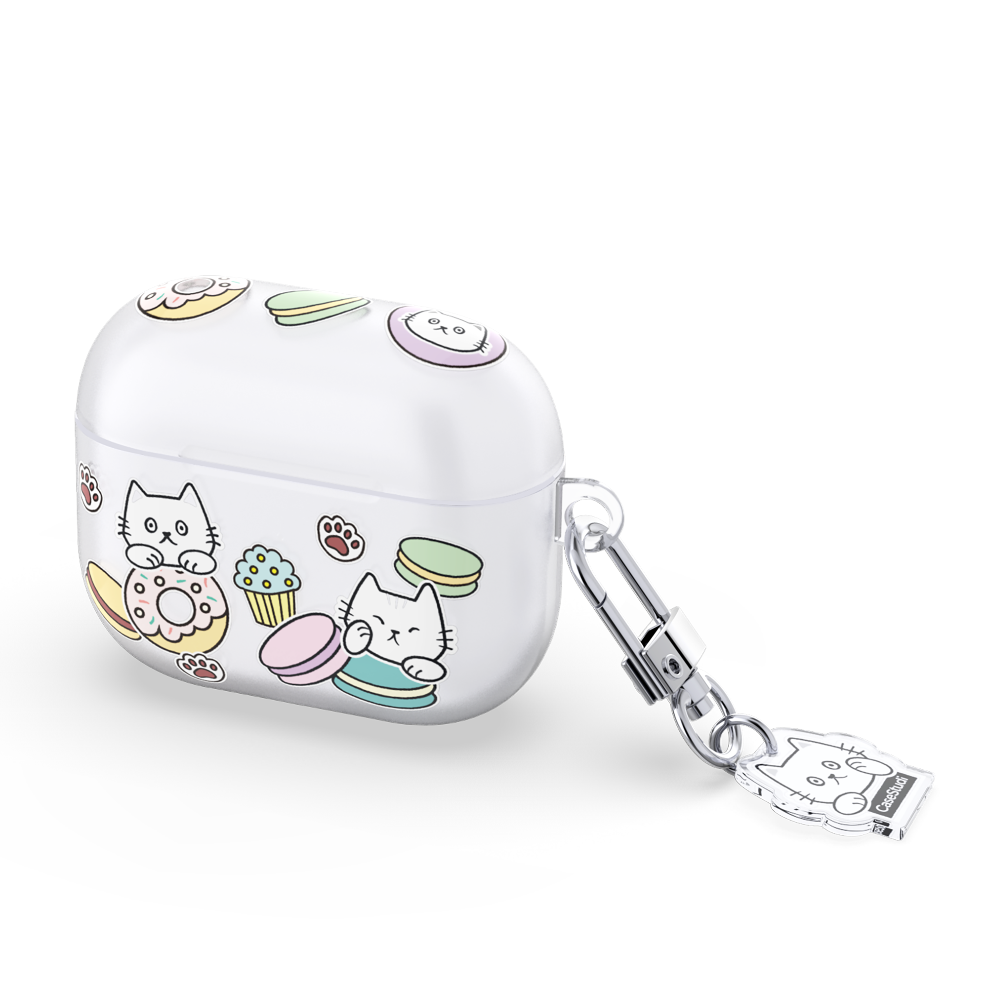 Casestudi AirPods 4 Case with a Patterisse-themed design showcasing macarons, donuts, and cupcakes, complemented by a double-sided custom acrylic keyring for a fun and whimsical touch.
