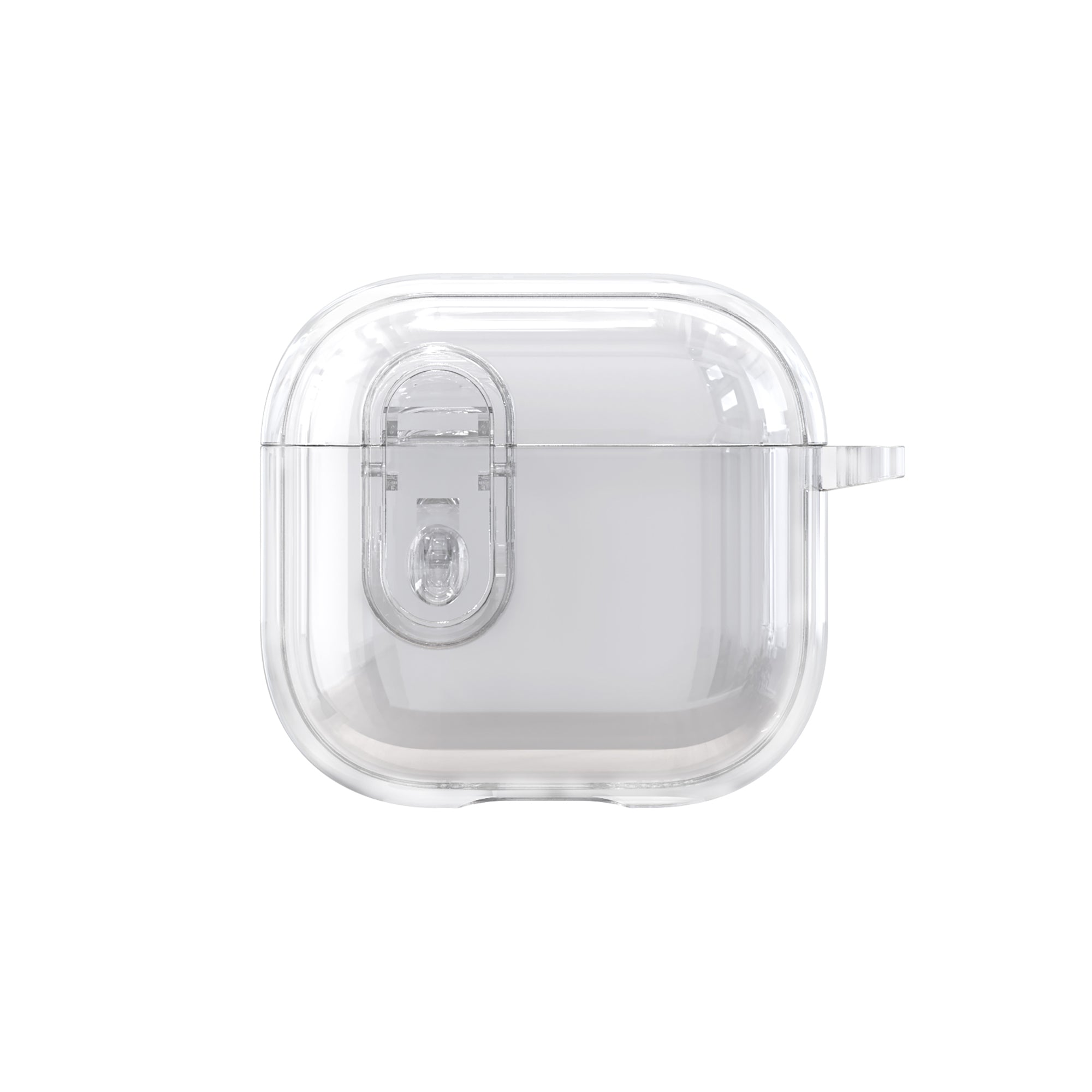 Front view of the Casestudi Explorer Series AirPods 4 Case in crystal clear, featuring a glossy finish that enhances the sleek design of your AirPods while providing anti-shock protection and style.
