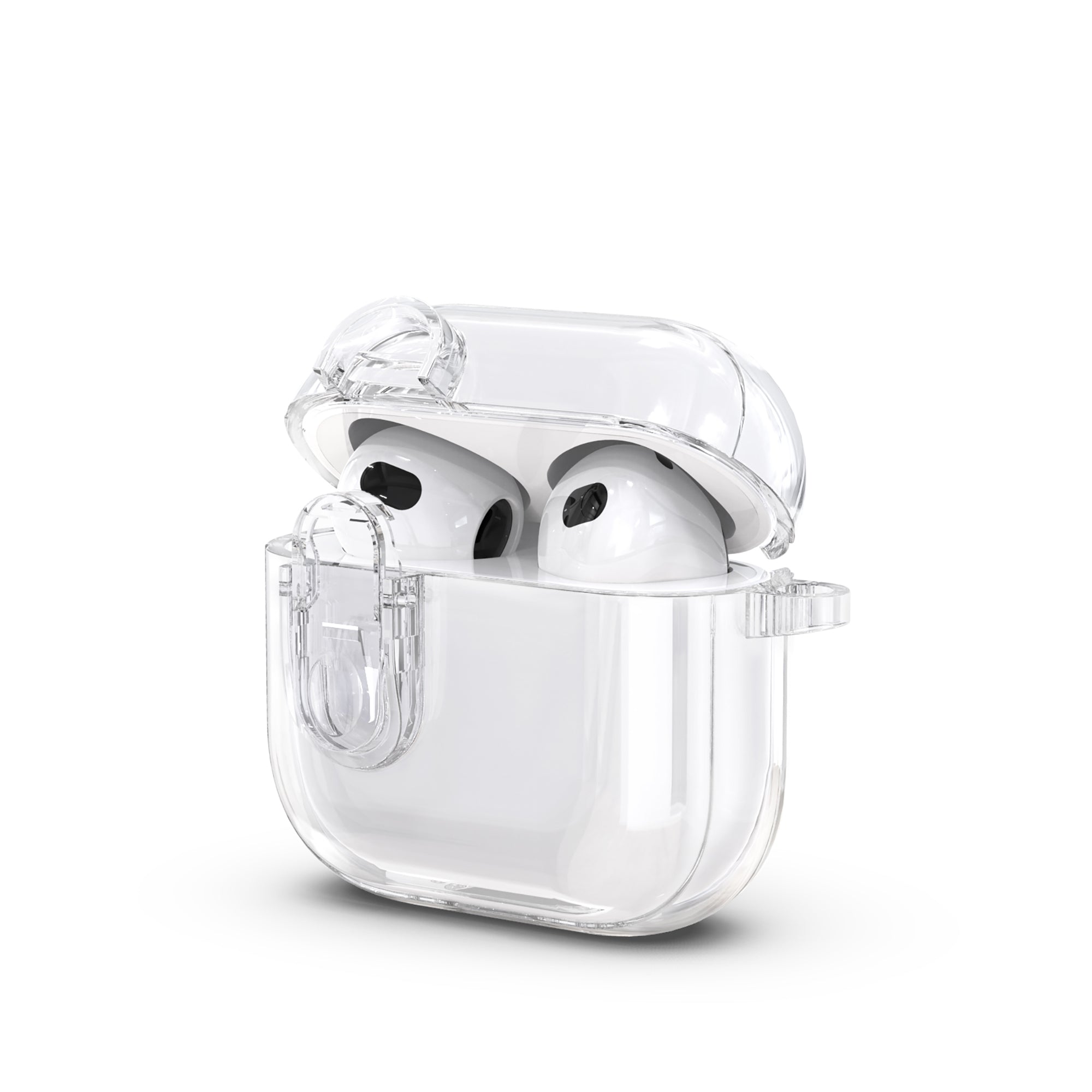 Crystal-clear Casestudi Explorer Series AirPods 4 Case, designed with a sleek glossy finish, a secure lock closure, and a lightweight build to keep your AirPods safe while highlighting their original design.
