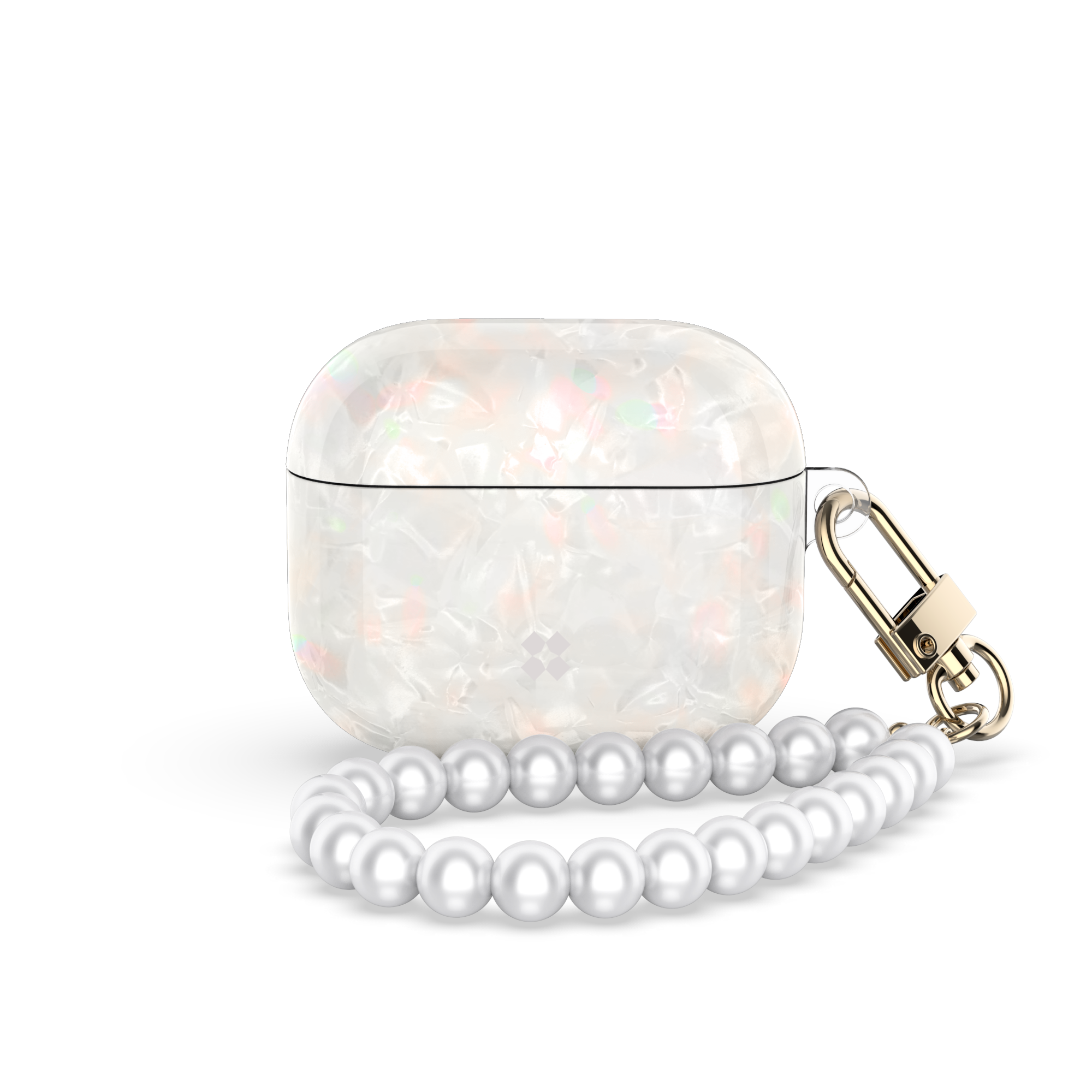 Front view of the Casestudi AirPods 4 Case Gala Holo, featuring a dynamic holographic finish that shifts under light, paired with a stylish pearl strap.