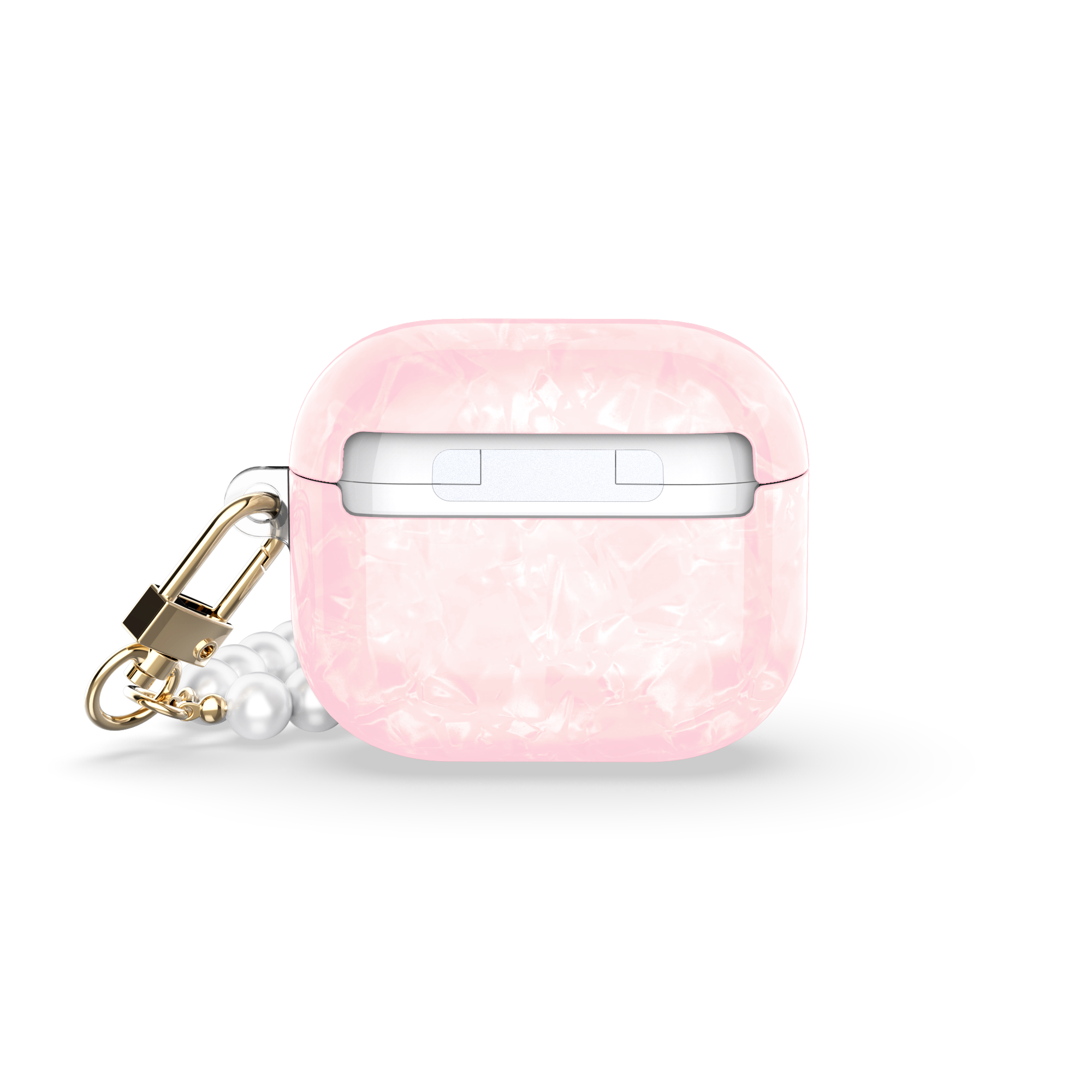 Back view of the Casestudi AirPods 4 Case Gala Pink, showcasing its durable construction and sleek pink design, paired with a pearl strap for an elegant touch.