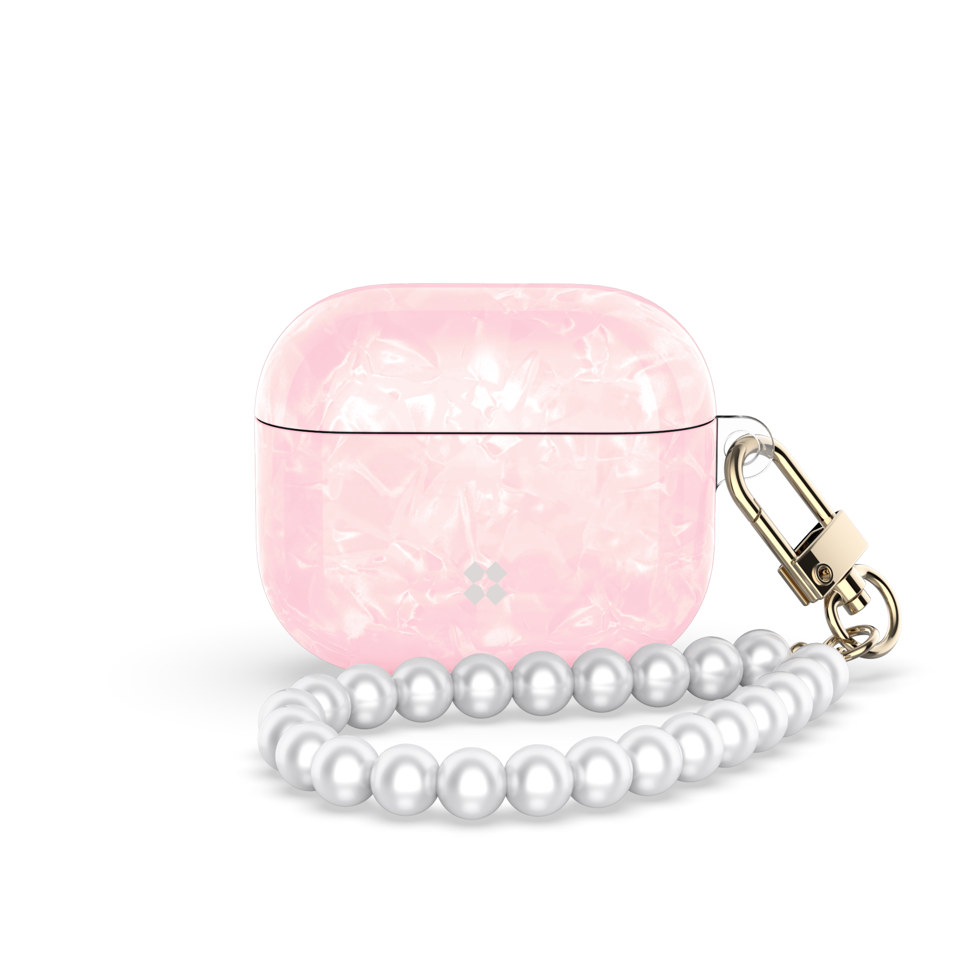 Front view of the Casestudi AirPods 4 Case Gala Pink, featuring a smooth pink finish that exudes charm and simplicity, complemented by a stylish pearl strap.