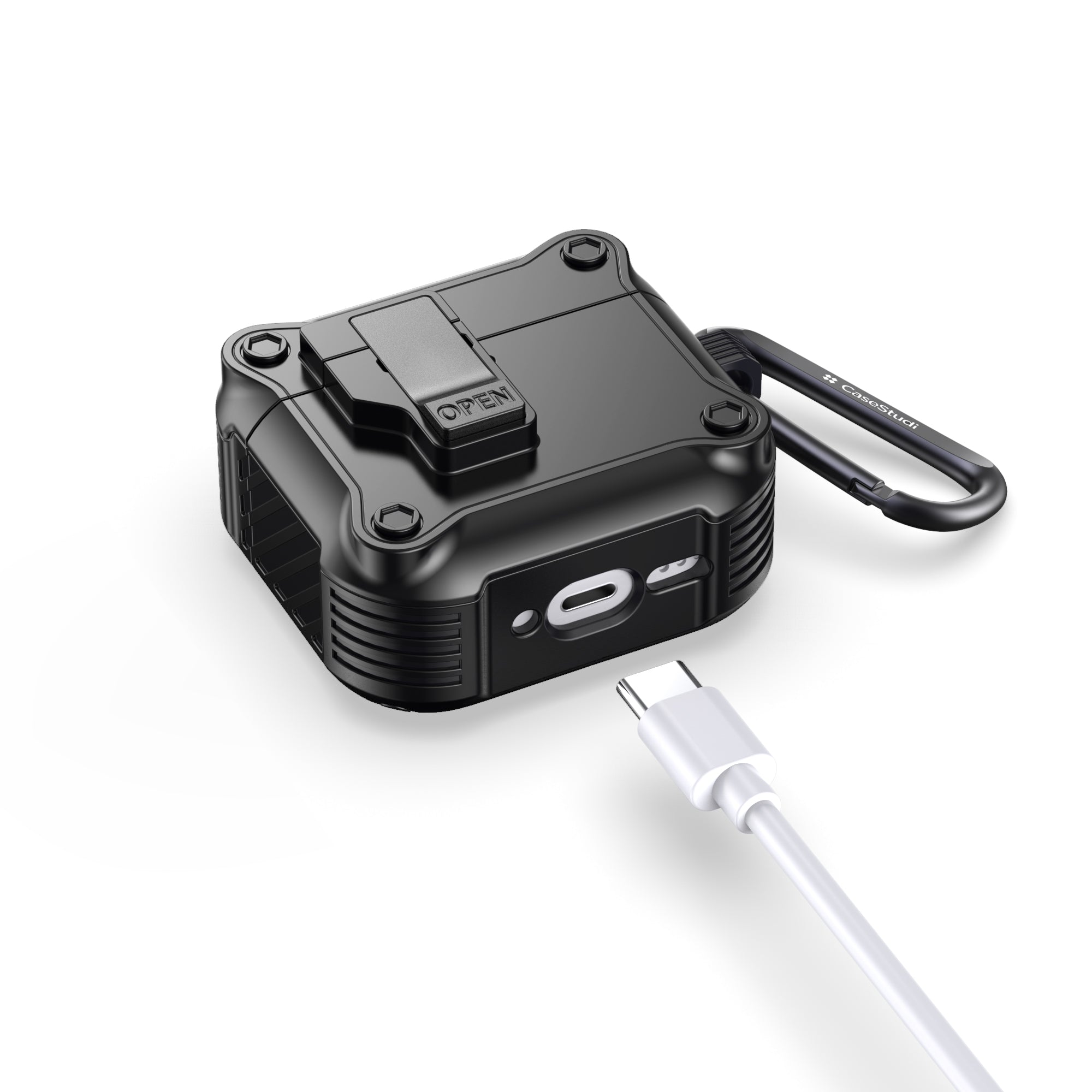 Casestudi Impact Series AirPods 4 Case in black, designed for cable charging compatibility, offering easy access to the charging port without removing the protective case.