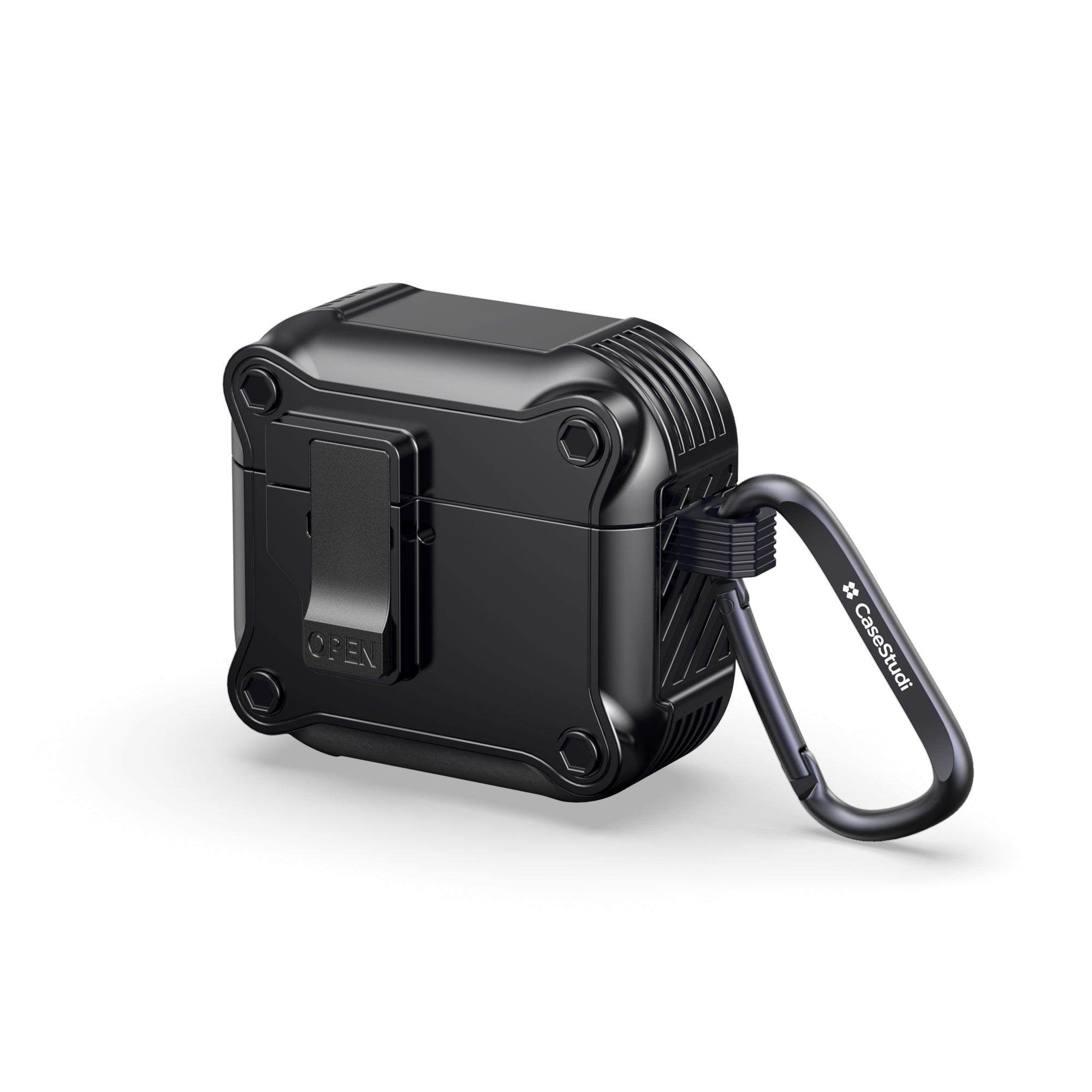 Casestudi Impact Series AirPods 4 Case in sleek black, featuring a robust carabiner for effortless attachment to bags or belts, offering maximum portability and rugged protection.