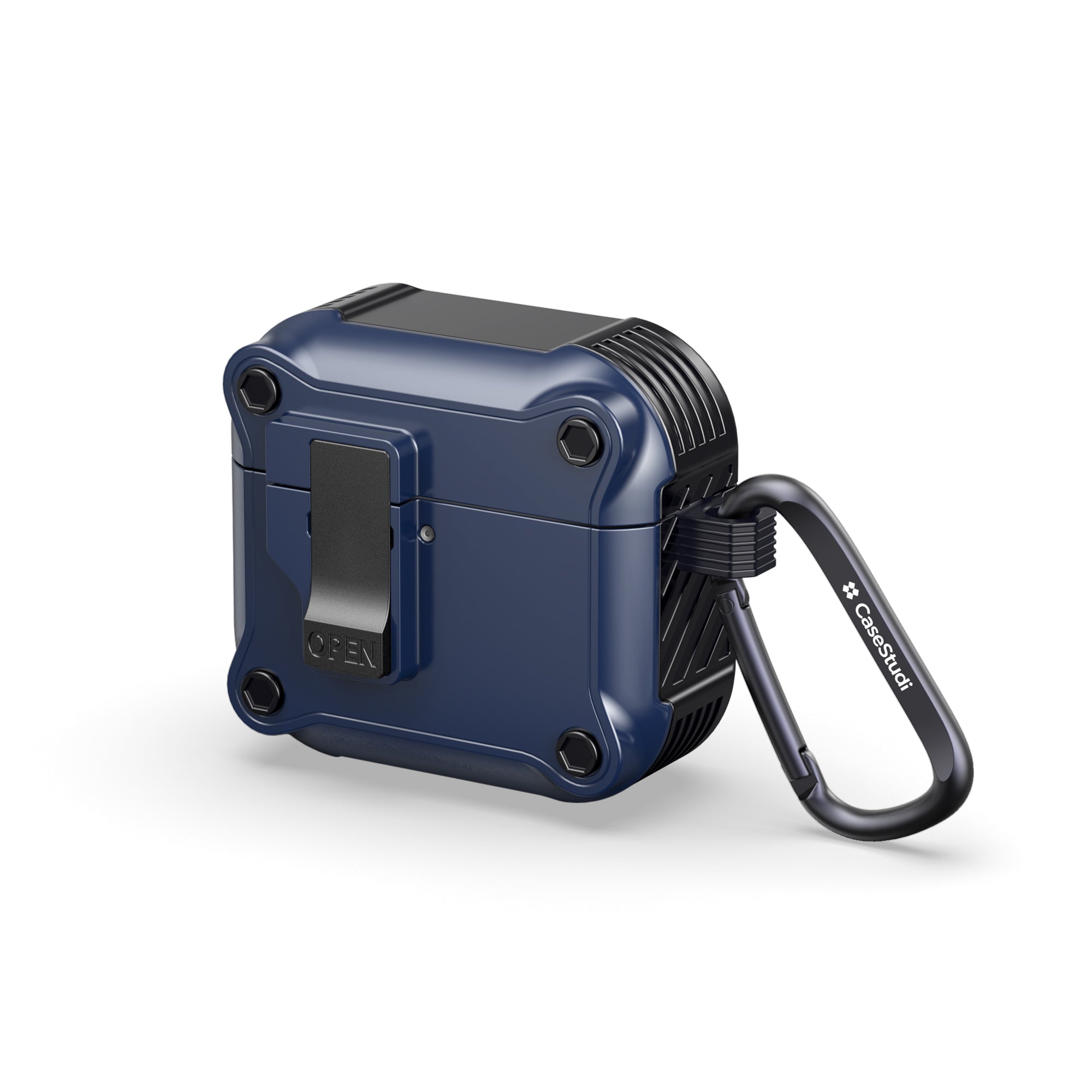 Casestudi Impact Series AirPods 4 Case in sleek navy, featuring a robust carabiner for effortless attachment to bags or belts, offering maximum portability and rugged protection.