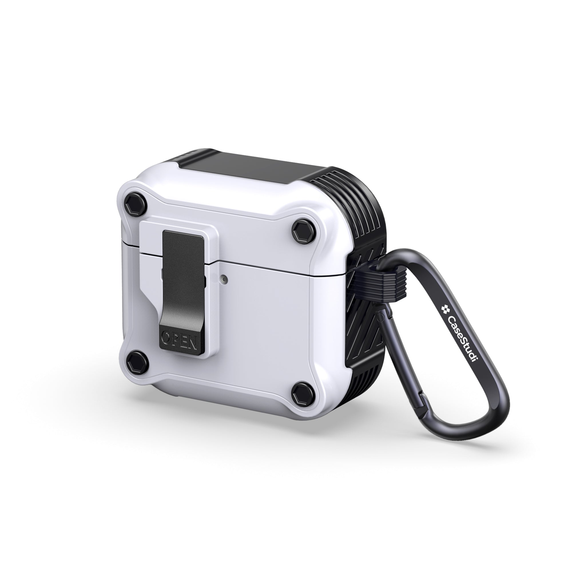 Casestudi Impact Series AirPods 4 Case in sleek white, featuring a robust carabiner for effortless attachment to bags or belts, offering maximum portability and rugged protection.