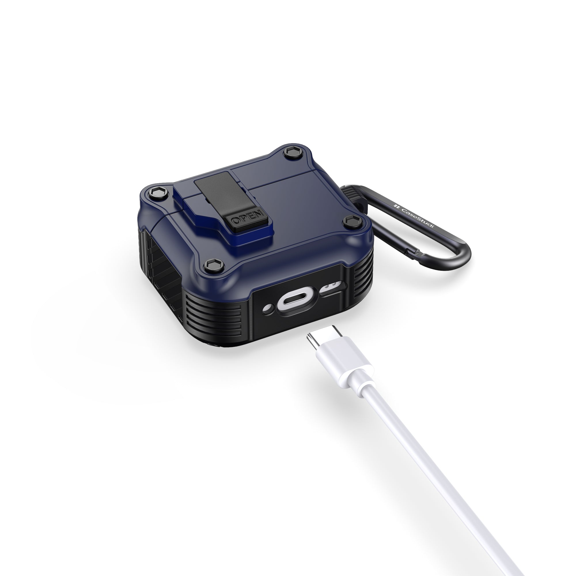 Casestudi Impact Series AirPods 4 Case in navy, designed for cable charging compatibility, offering easy access to the charging port without removing the protective case.