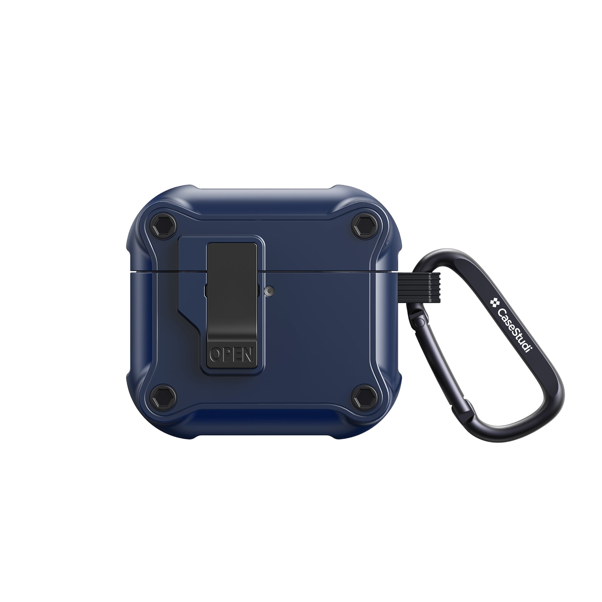 Front view of the Casestudi Impact Series AirPods 4 Case in navy, showcasing its sleek and minimalist design with anti-shock properties for ultimate durability.