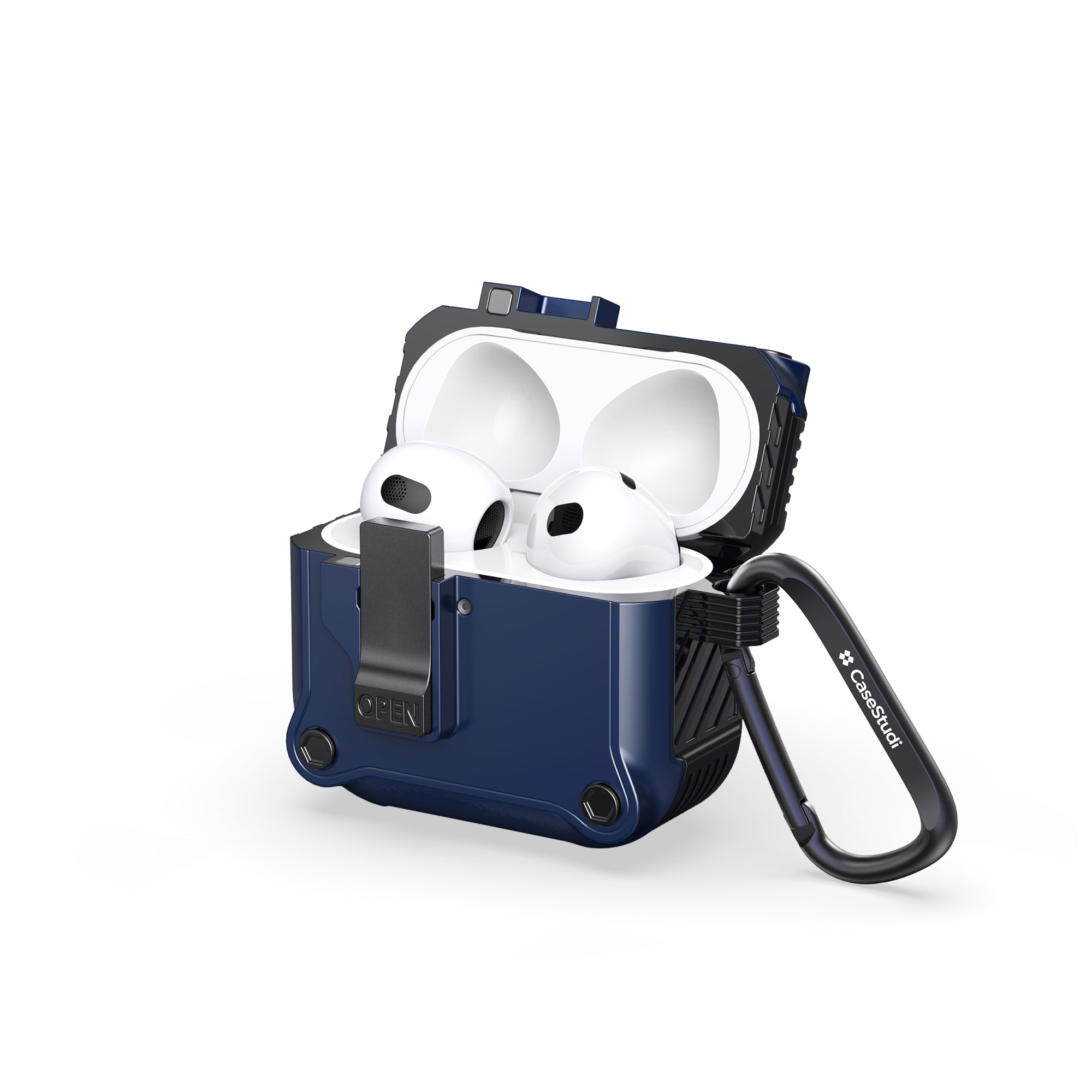 Casestudi Impact Series AirPods 4 Case in sleek navy, highlighting its seamless magnetic lock for secure closure and smooth, effortless opening—combining style, convenience, and unbeatable protection.