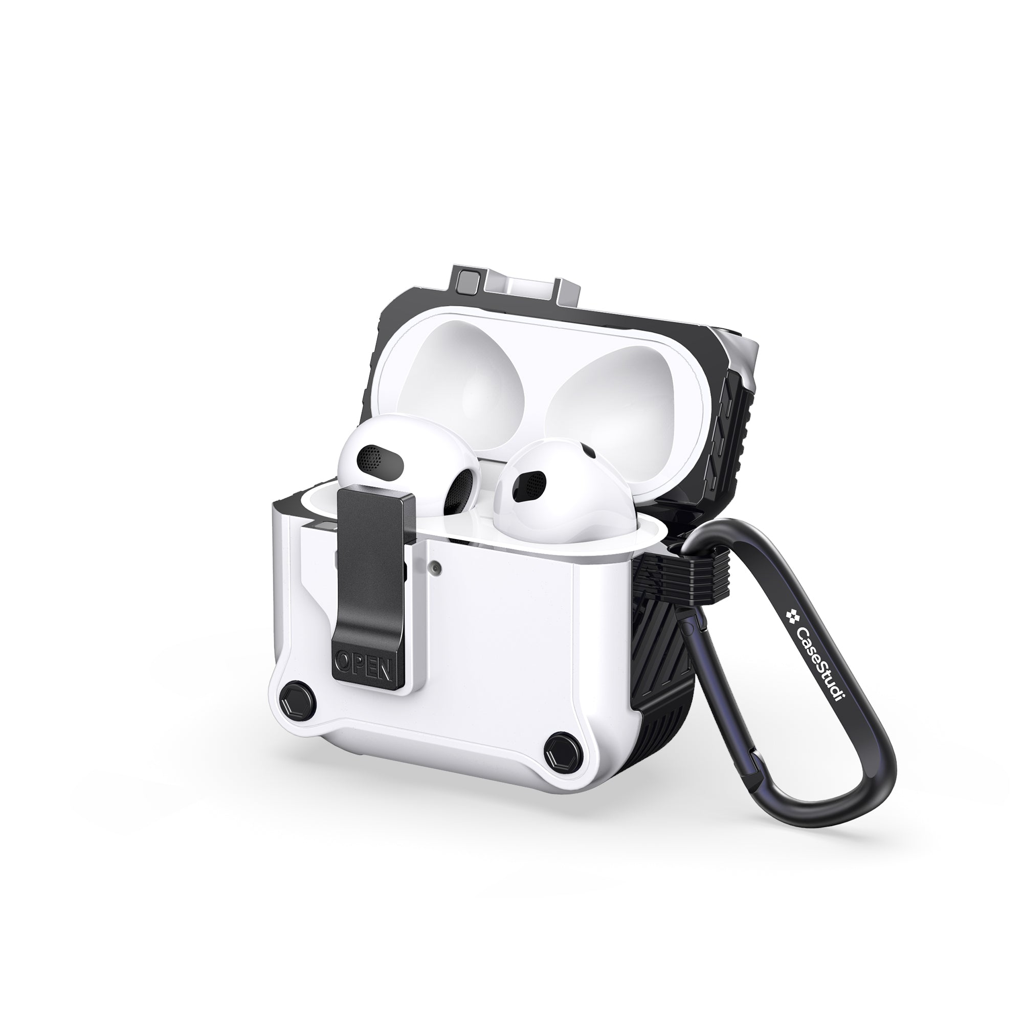 Casestudi Impact Series AirPods 4 Case in sleek white, highlighting its seamless magnetic lock for secure closure and smooth, effortless opening—combining style, convenience, and unbeatable protection.