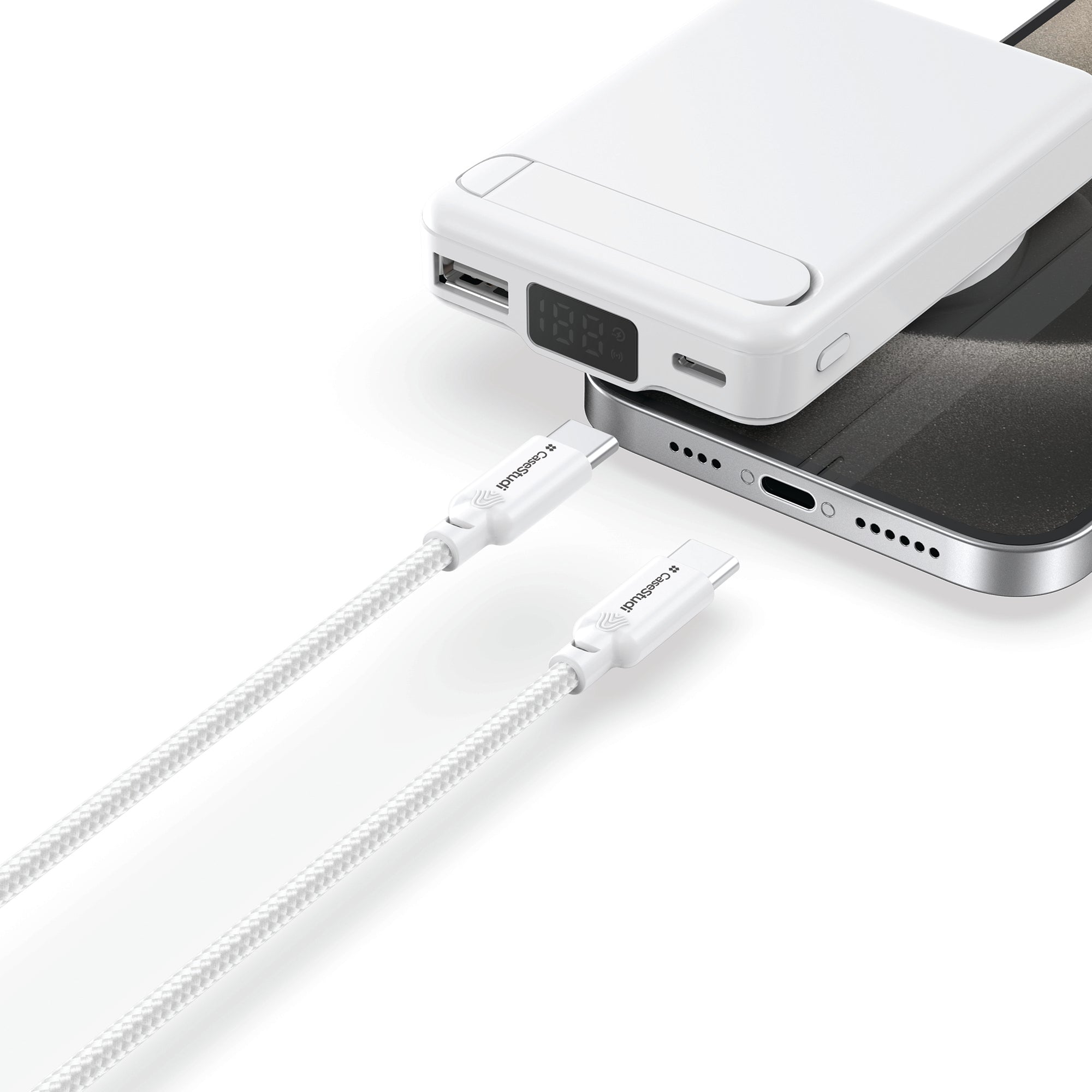 Casestudi Ballistic Cable with 1.2m length, 60W QC 3.0 fast charging (20V/5A max), durable woven nylon tested for 50,000 bends, E-Marker Chip for smart power regulation, and 480Mbps data transfer speeds.