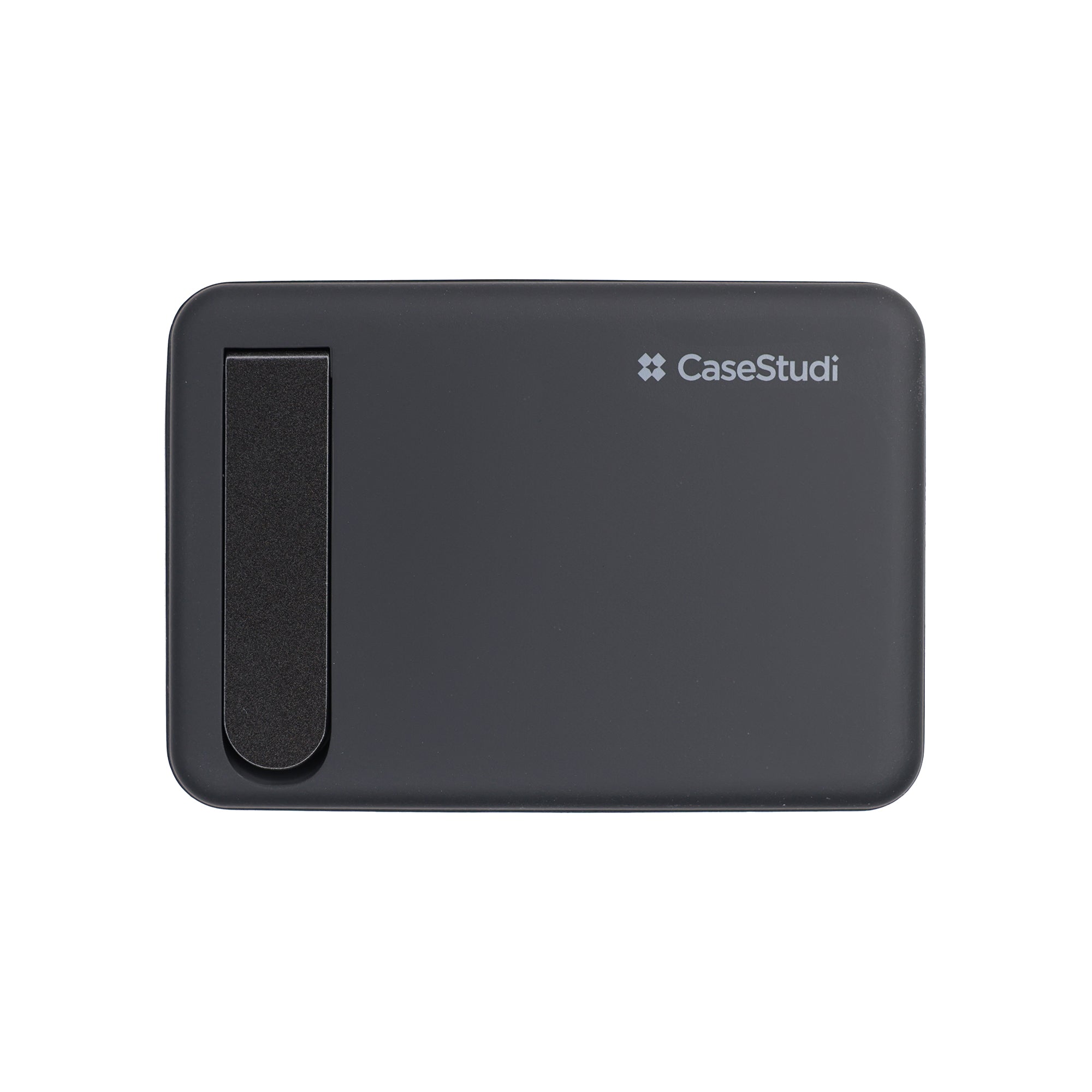 Front view of Casestudi FlashMini Power Bank: Features a foldable video stand, rubberized surface for a premium hand feel, and a sleek, minimal design.
