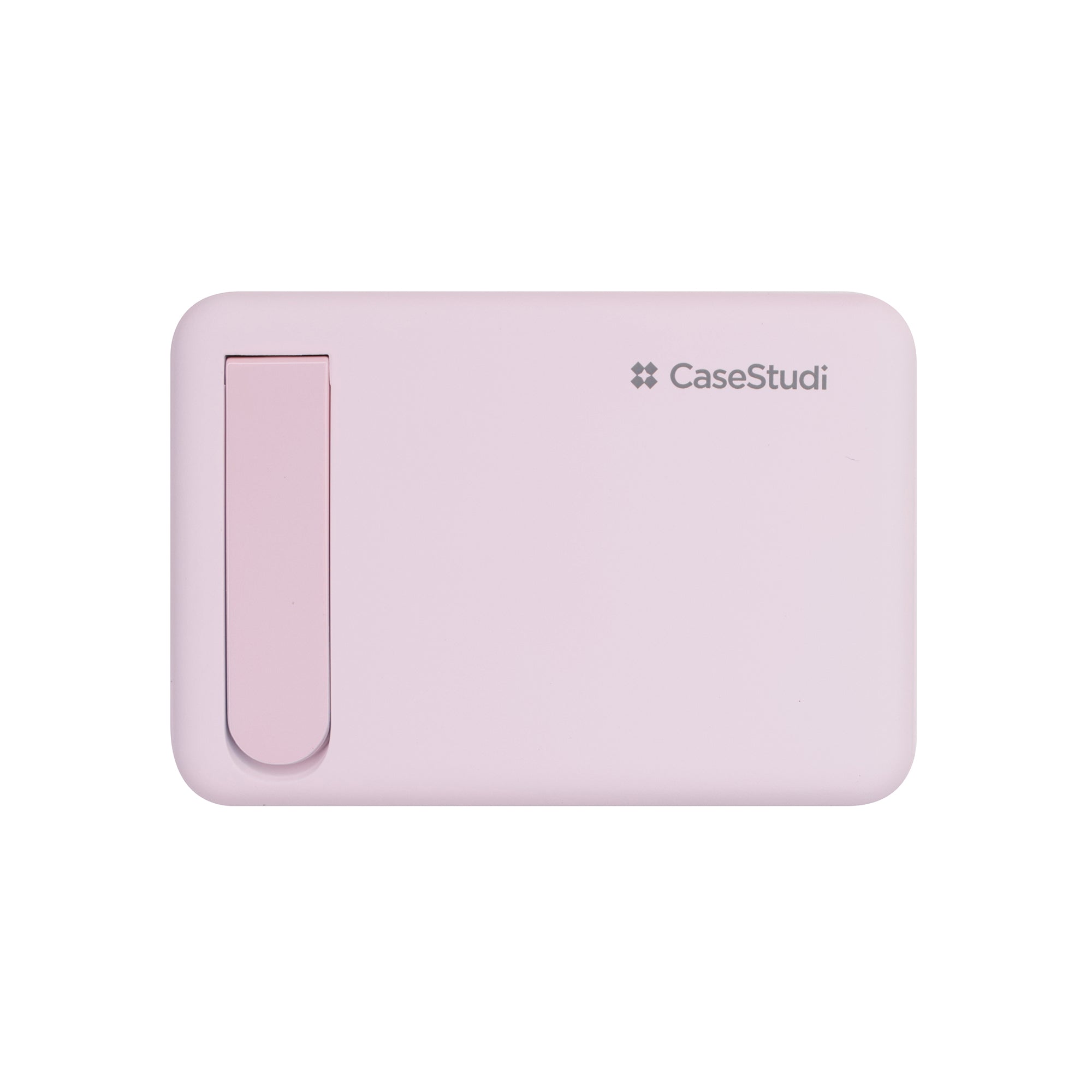 Front view of Casestudi FlashMini Power Bank in pink: Foldable video stand, soft rubberized surface for a comfortable grip, and an elegant, minimalist design.