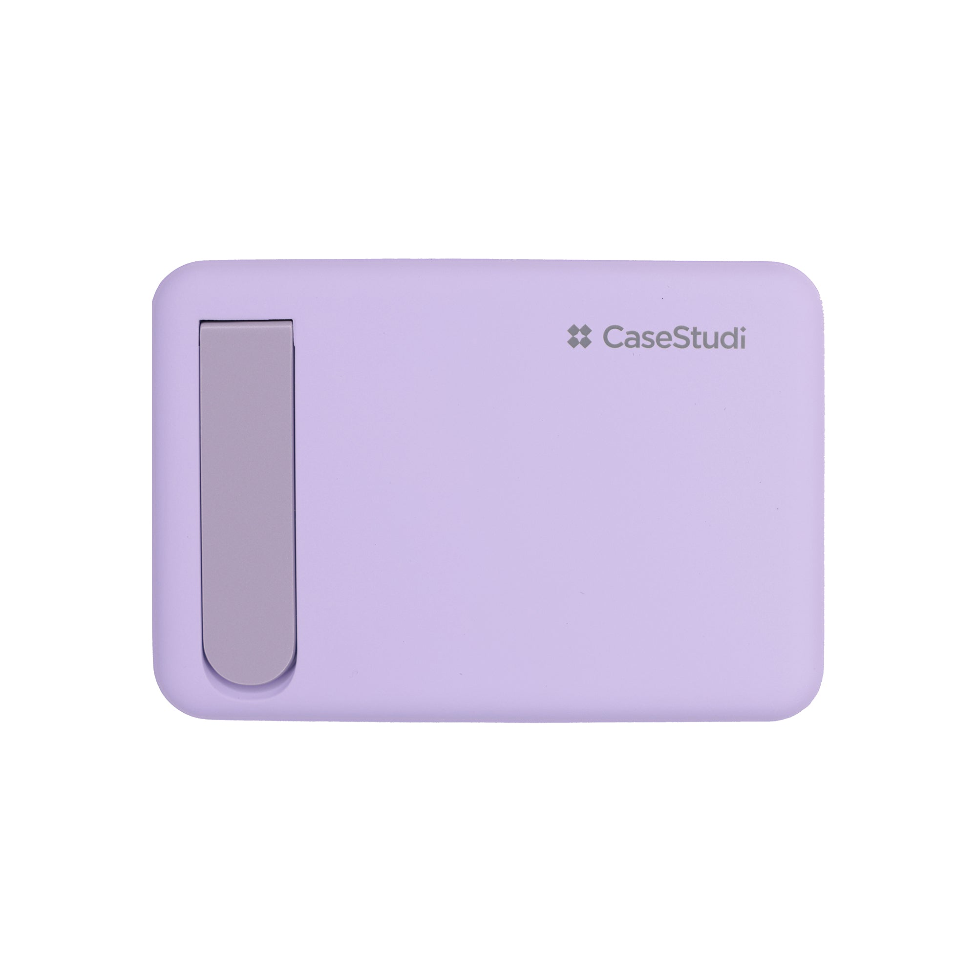 Front view of Casestudi FlashMini Power Bank in purple: Features a foldable video stand, smooth rubberized surface for a premium feel, and a stylish, minimalist design.