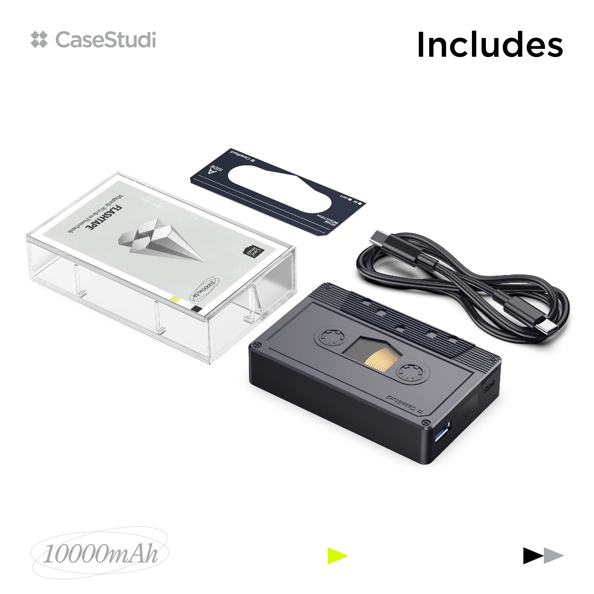 Casestudi Flashtape package: Includes one Flashtape, one cassette sticker, one USB-C to USB-C cable, and one cassette box.