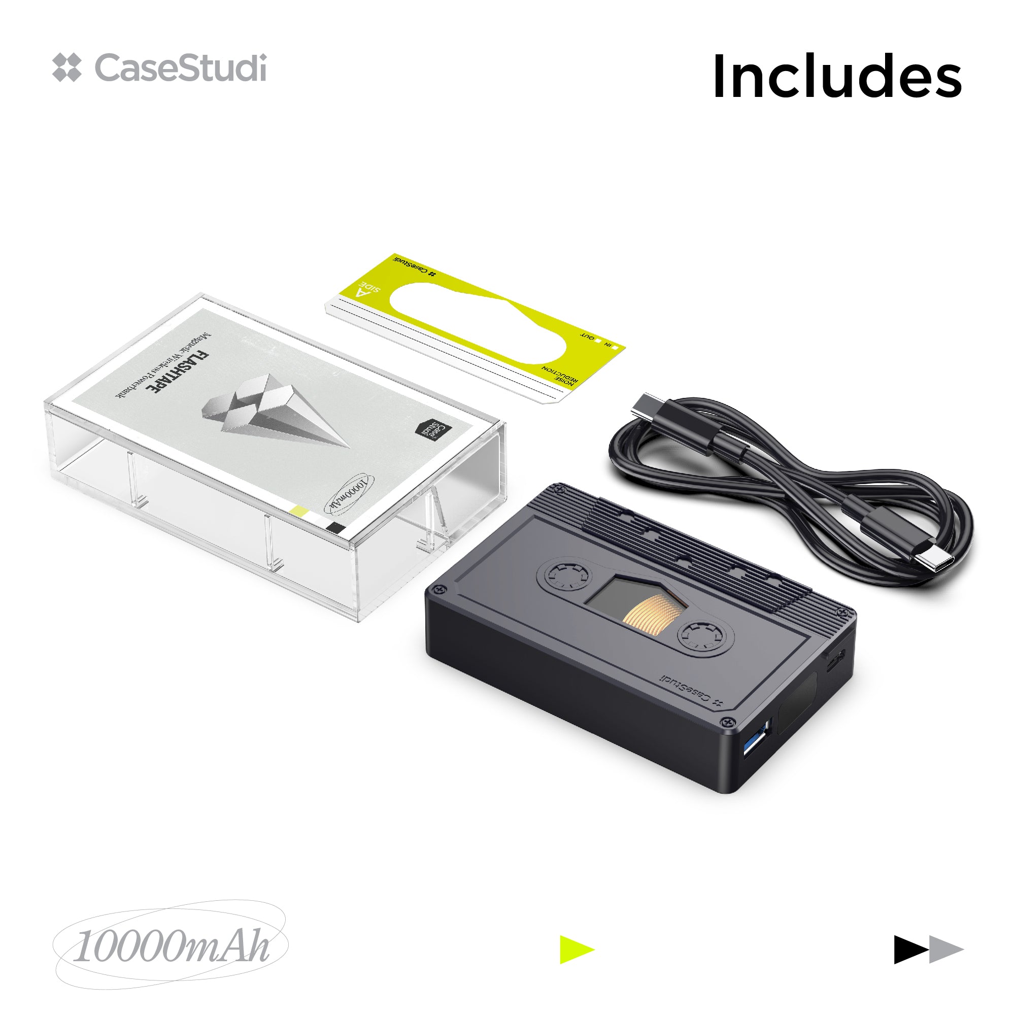 Casestudi Flashtape package: Includes one Flashtape, one cassette sticker, one USB-C to USB-C cable, and one cassette box.