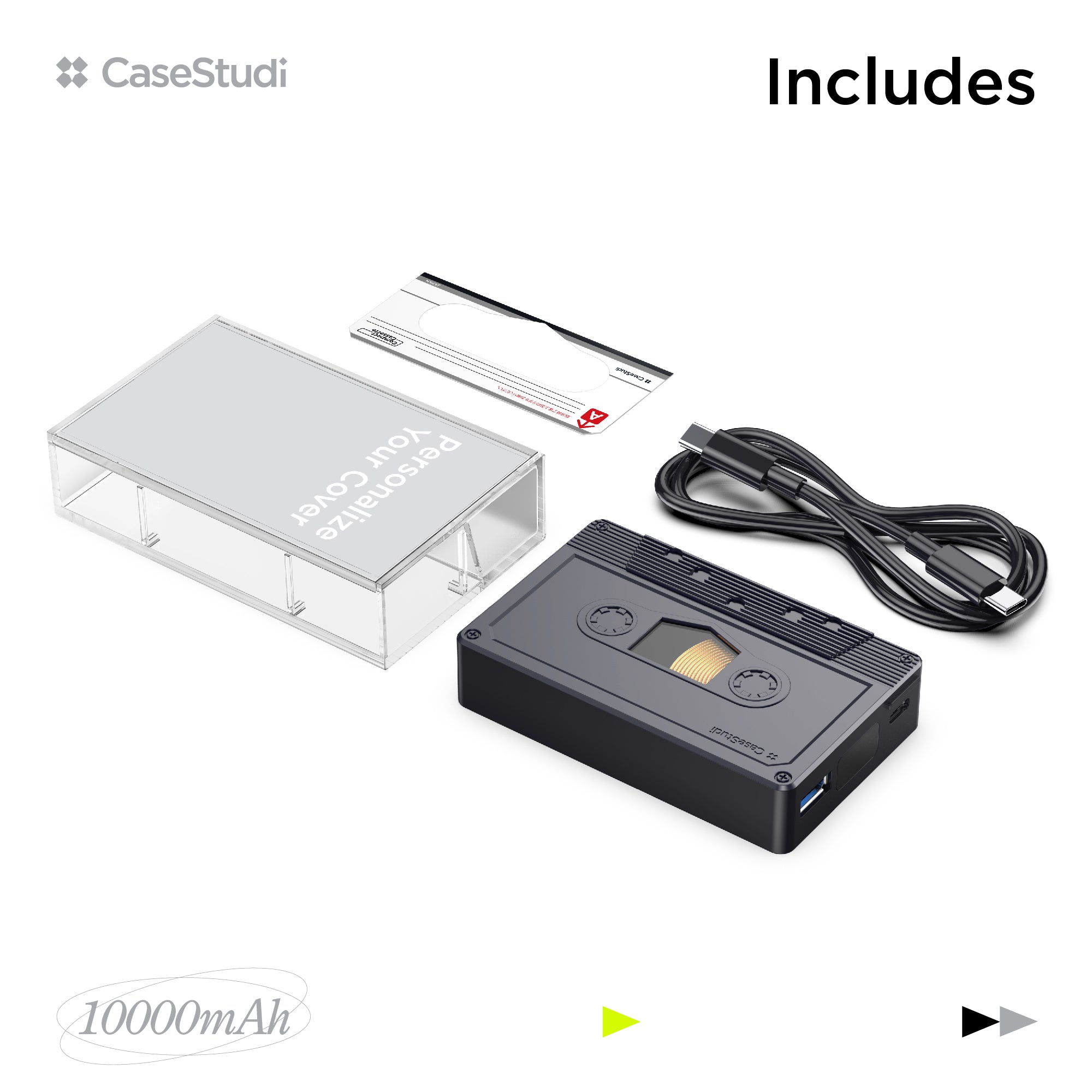 Casestudi Flashtapepackage: Includes one Flashtape, one cassette sticker, one USB-C to USB-C cable, and one cassette box with your personalized cover.