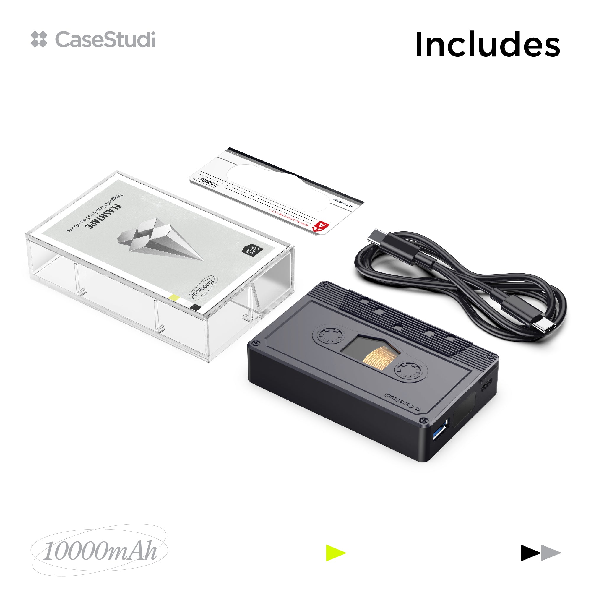 Casestudi Flashtape package: Includes one Flashtape, one cassette sticker, one USB-C to USB-C cable, and one cassette box.
