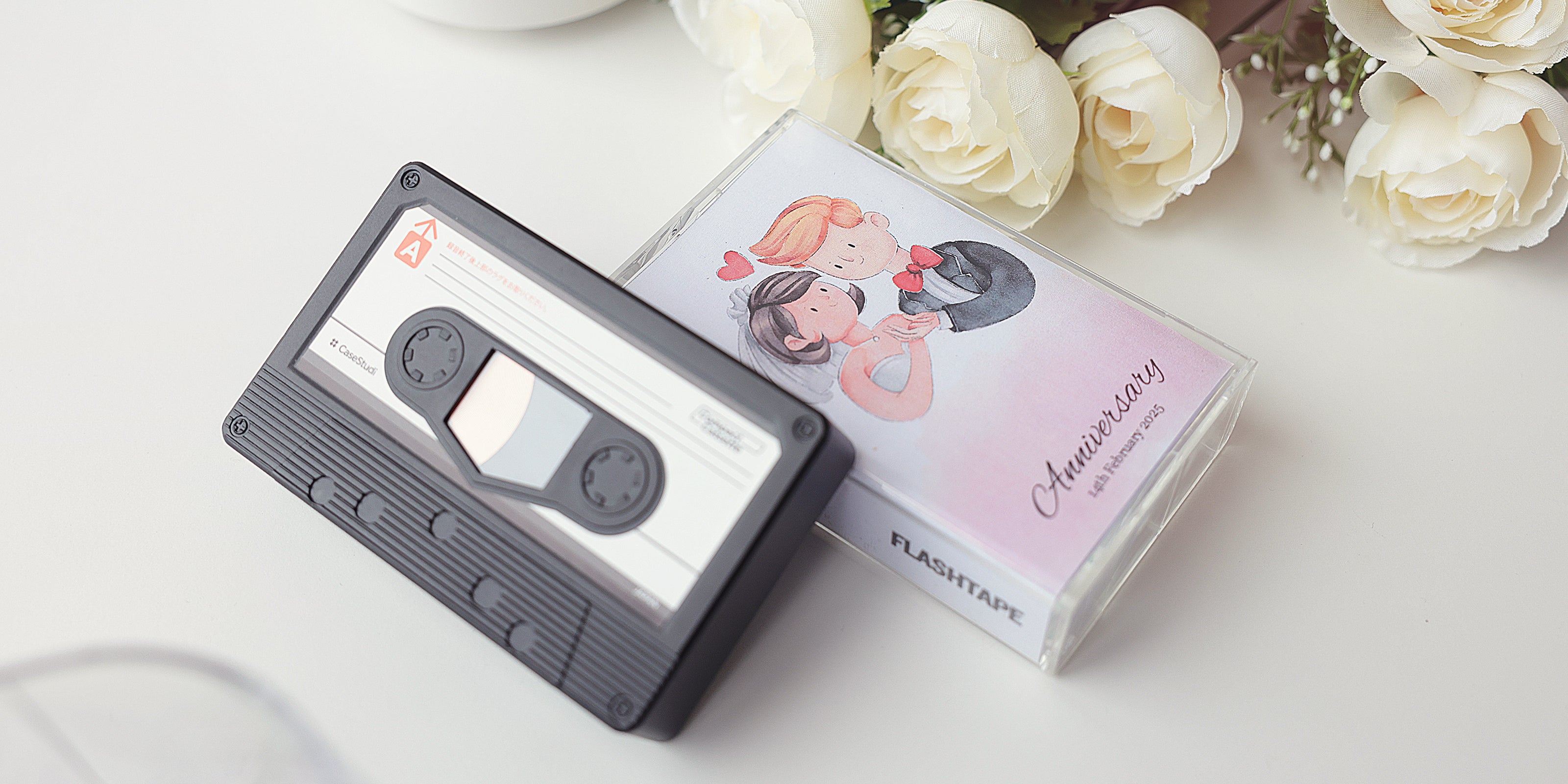 Casestudi Flashtape Custom, the perfect wedding gift idea. Easily choose from our curated artwork gallery to create a unique cassette-style power bank cover. Personalize it with a memorable date and add a heartfelt message on the cassette sticker for a truly one-of-a-kind keepsake.