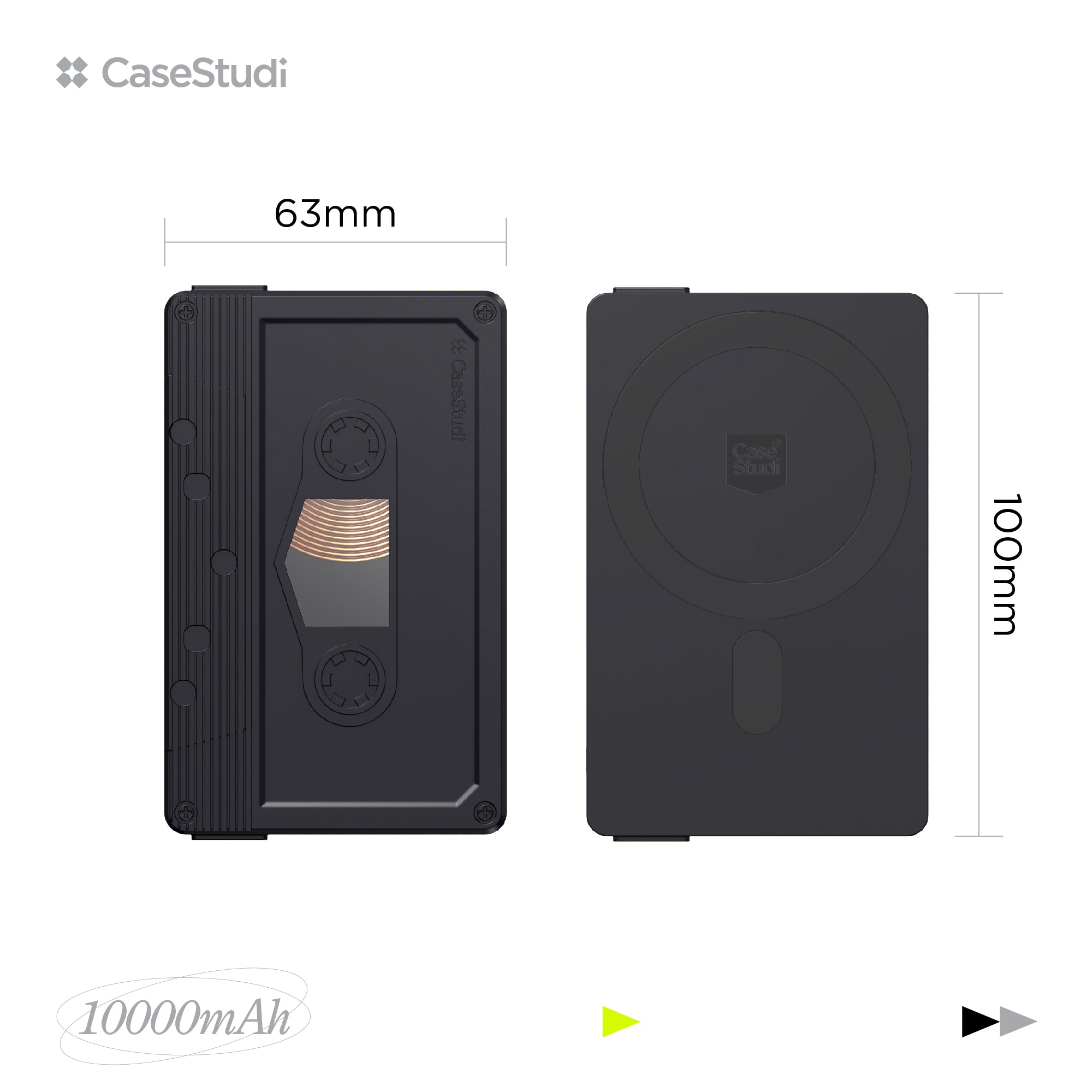 Casestudi Flashtape 10000mAh Power Bank with MagSafe, Front and Back Views Showcasing Compact Dimensions and Cassette Tape-Inspired Design.