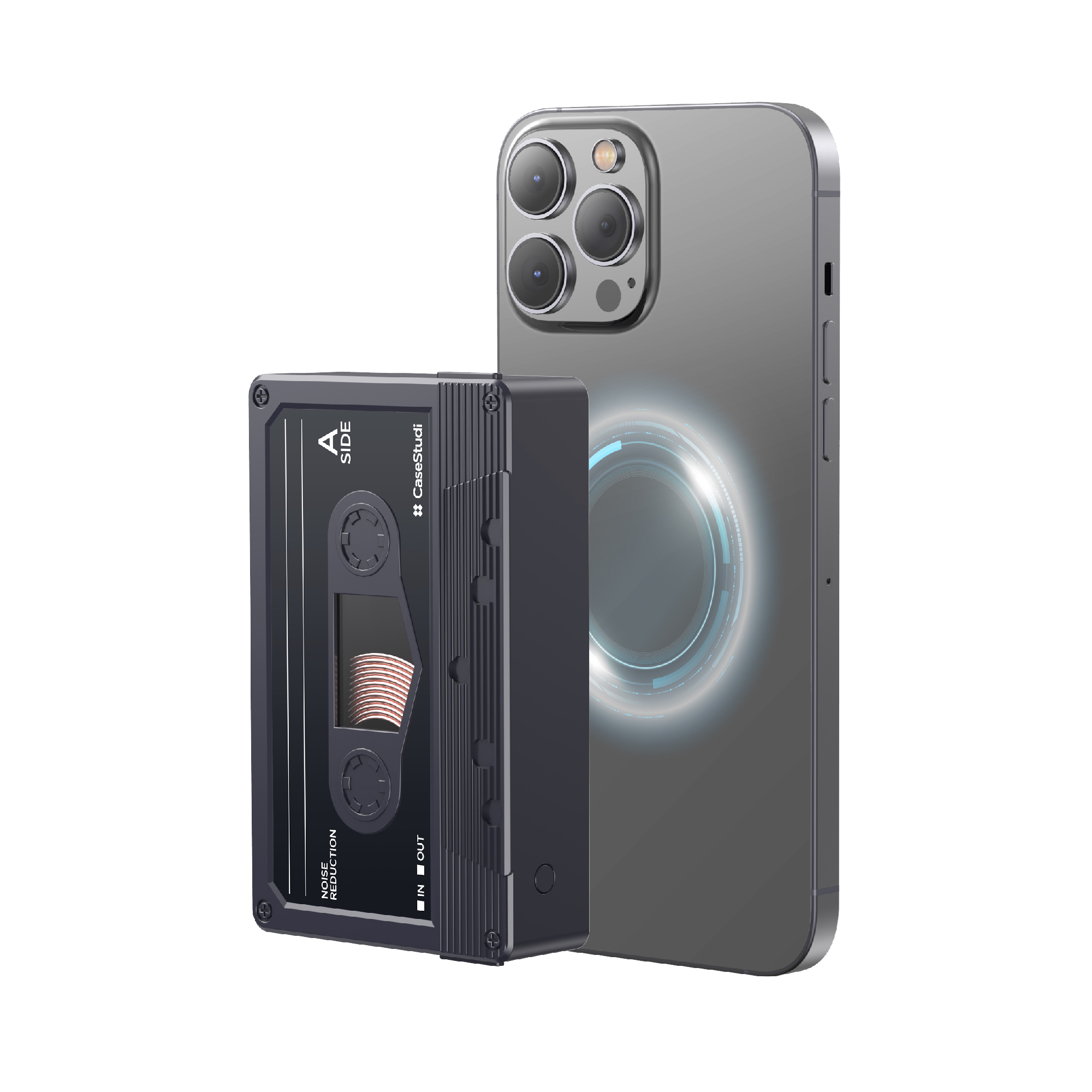 Casestudi Flashtape 10000mAh Power Bank with MagSafe Wireless Charging, Retro-Inspired Cassette Tape Design.