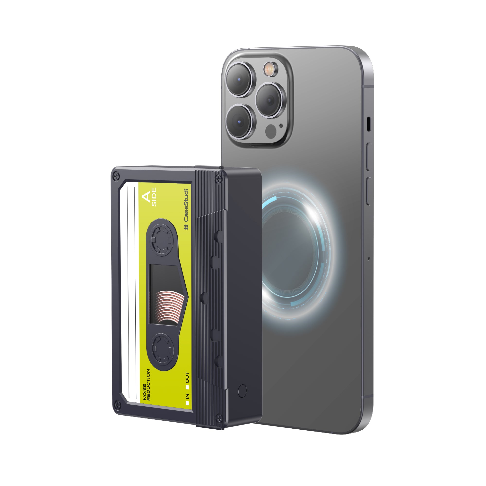 Casestudi Flashtape 10000mAh Power Bank with MagSafe Wireless Charging, Retro-Inspired Cassette Tape Design.