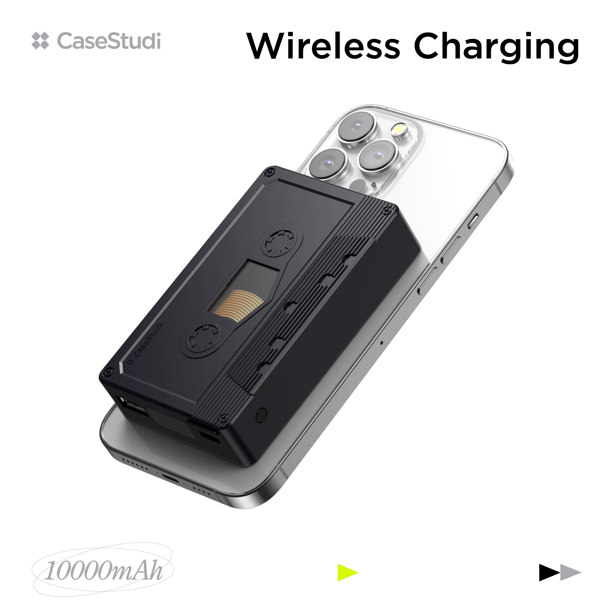 Casestudi Flashtape: A MagSafe-compatible power bank designed in a retro cassette style.