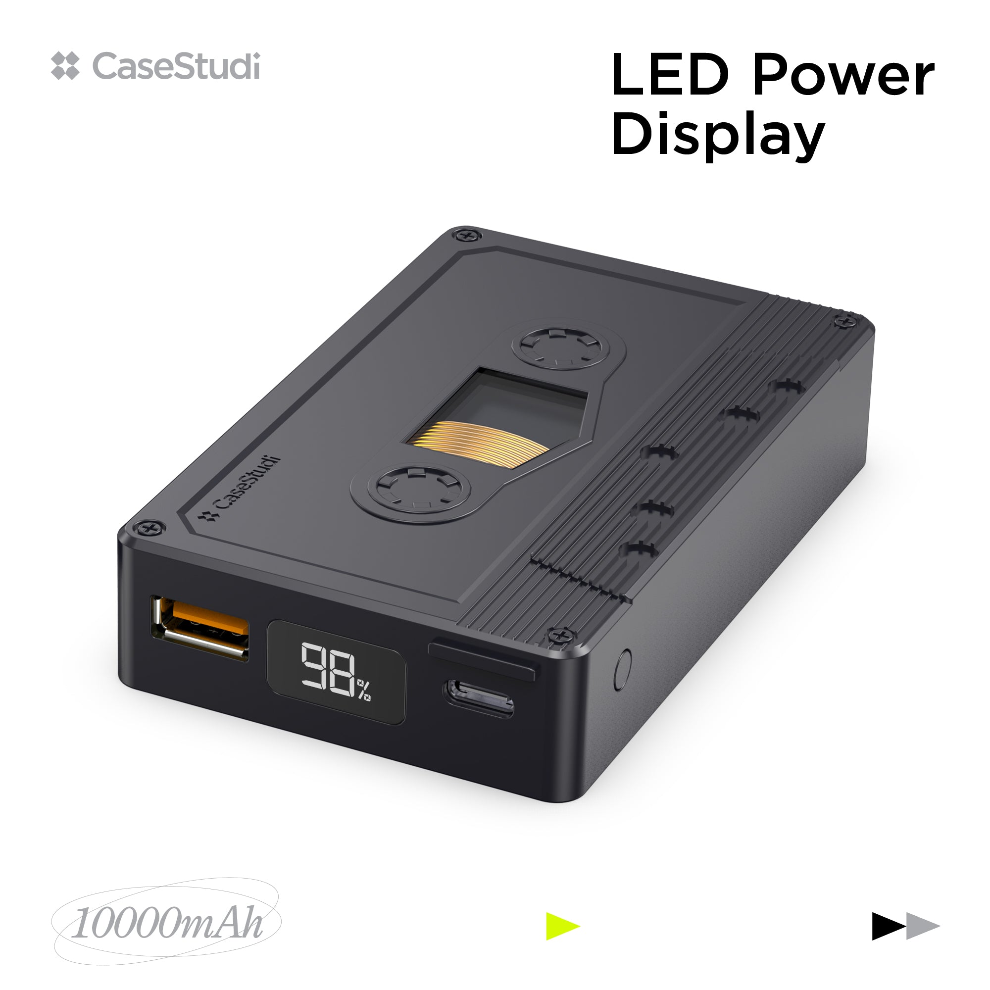 Casestudi Flashtape: 10000mAh power bank with LED display in a retro cassette design.