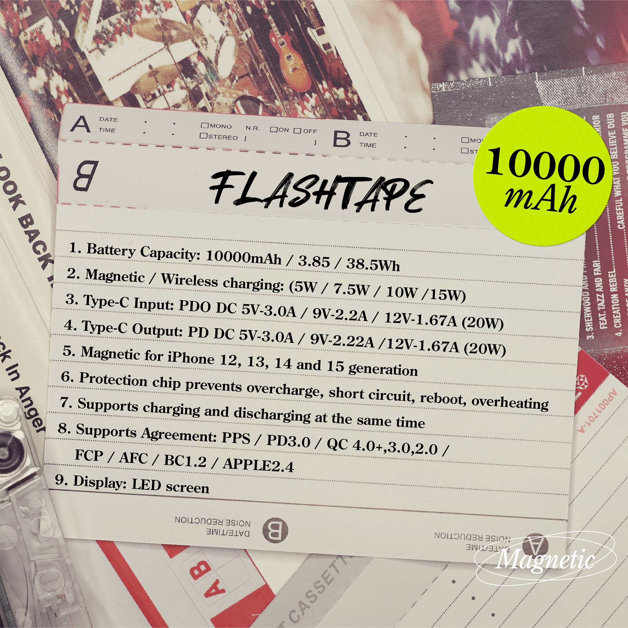 Casestudi Flashtape: 10000mAh power bank with USB-C (20W max), USB-A (22.5W max), wireless charging (15W max), LED display, and retro cassette design.