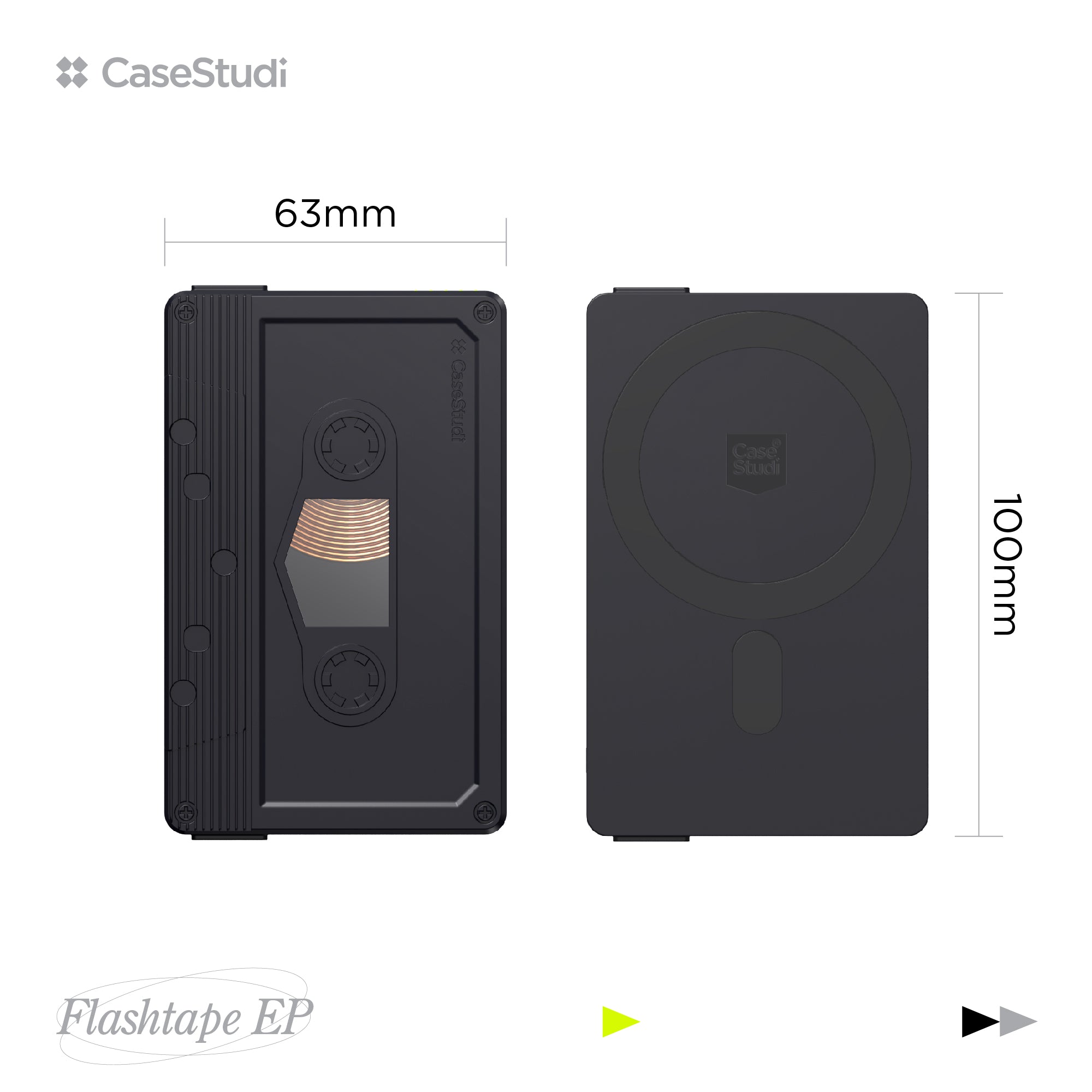 Casestudi Flashtape 5000mAh Power Bank with MagSafe, Front and Back Views Showcasing Compact Dimensions and Cassette Tape-Inspired Design.