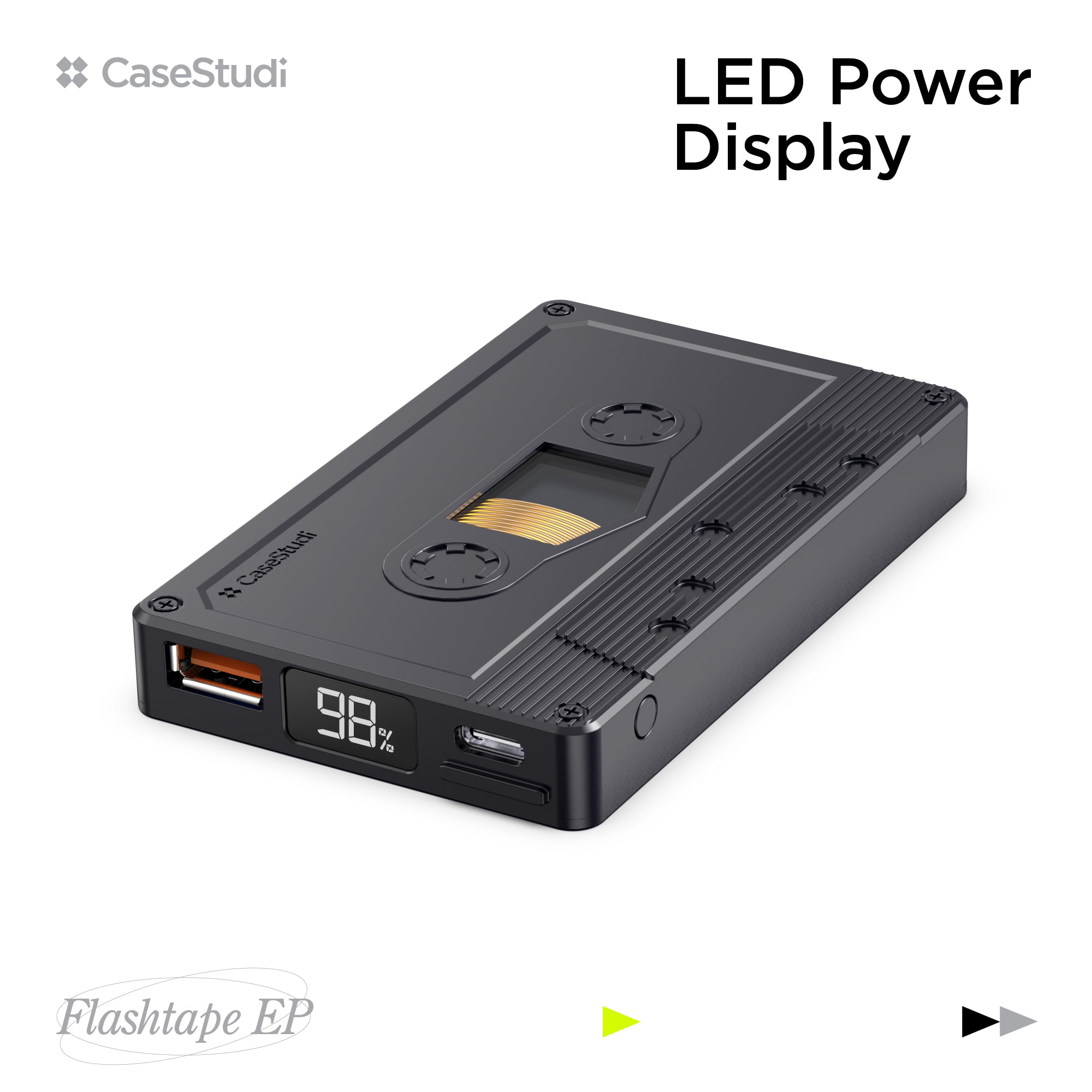 Casestudi Flashtape: 5000mAh power bank with LED display in a retro cassette design.
