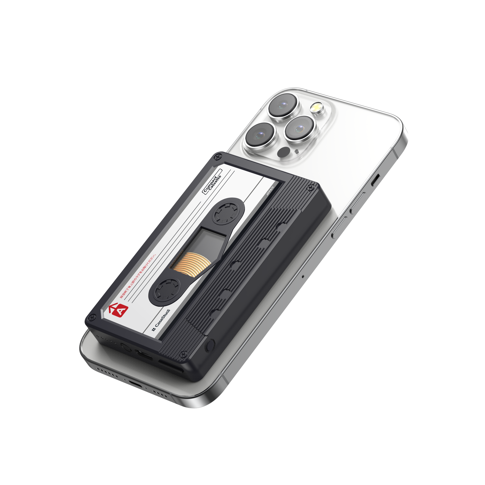 Casestudi Flashtape: A MagSafe-compatible power bank designed in a retro cassette style.