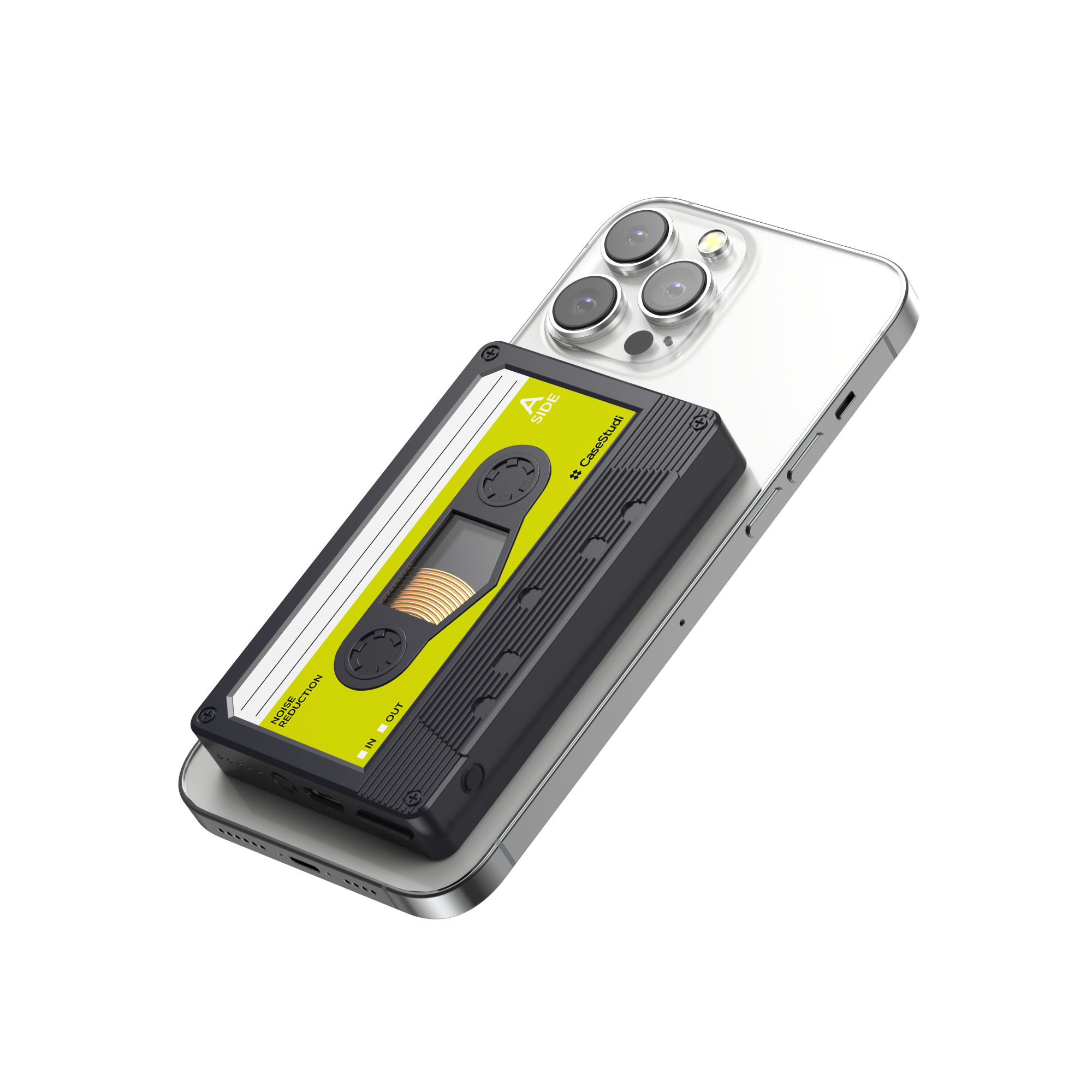 Casestudi Flashtape: A MagSafe-compatible power bank designed in a retro cassette style.