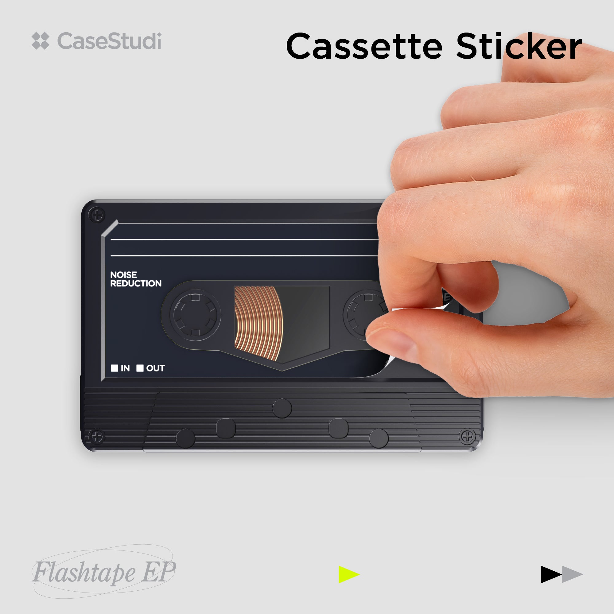 Casestudi Flashtape: A nostalgic cassette-style power bank with a customizable sticker. Use the sticker to personalize your Flashtape, or leave it blank and black for a low-profile, cool, and minimal design. Whether retro or subtle, the choice is yours.