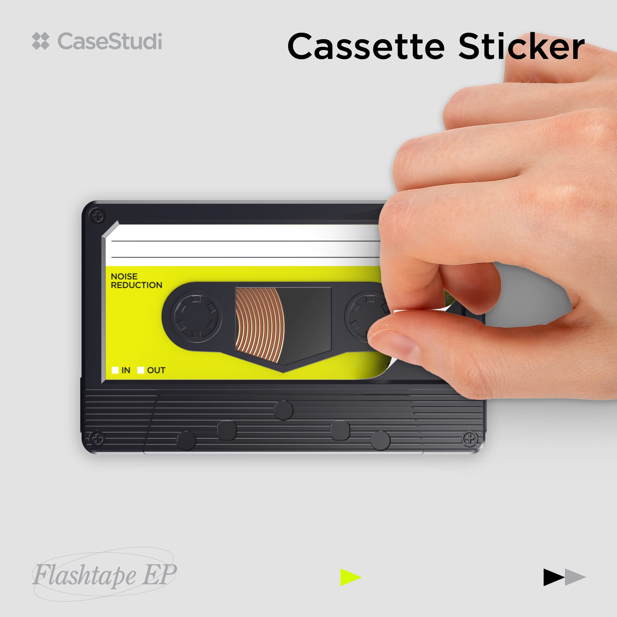 Casestudi Flashtape: A nostalgic cassette-style power bank with a customizable sticker. Use the sticker to personalize your Flashtape, or leave it blank and black for a low-profile, cool, and minimal design. Whether retro or subtle, the choice is yours.