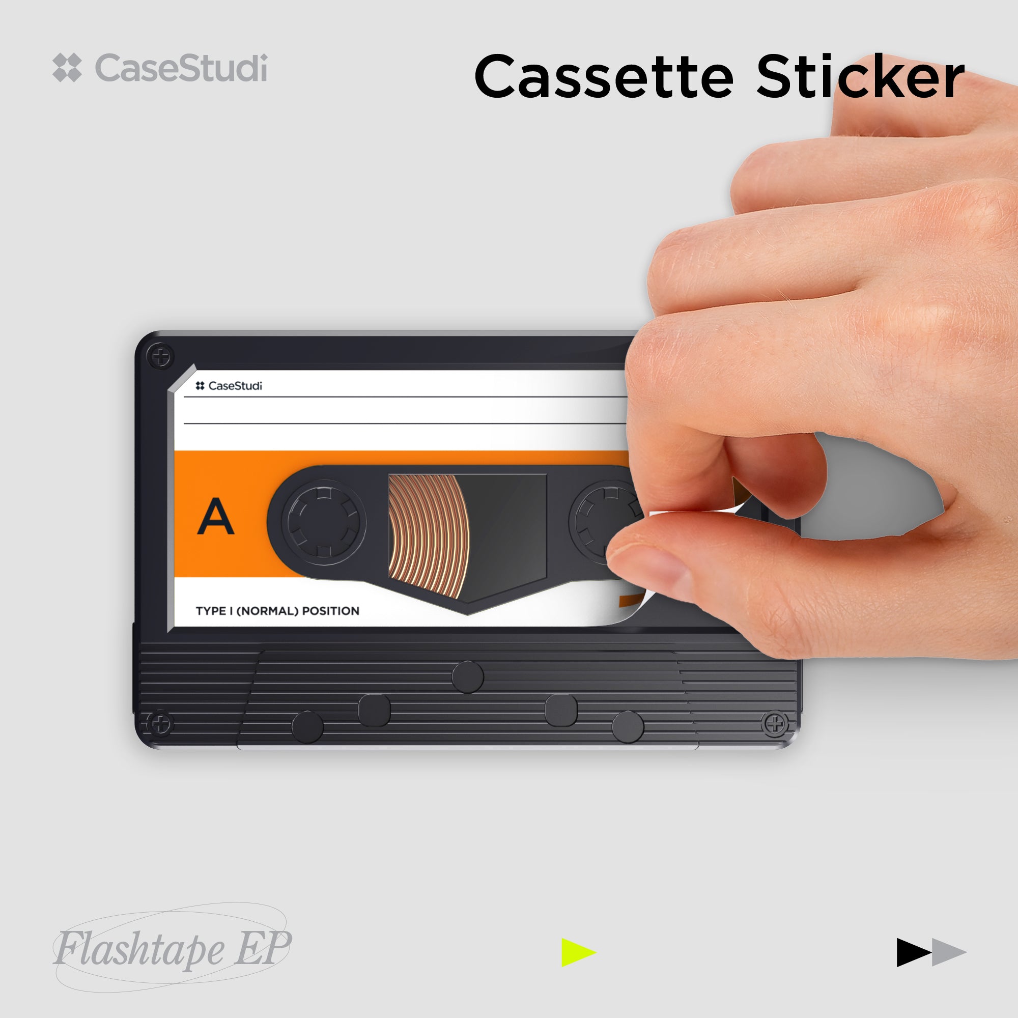 Casestudi Flashtape: A nostalgic cassette-style power bank with a customizable sticker. Use the sticker to personalize your Flashtape, or leave it blank and black for a low-profile, cool, and minimal design. Whether retro or subtle, the choice is yours.