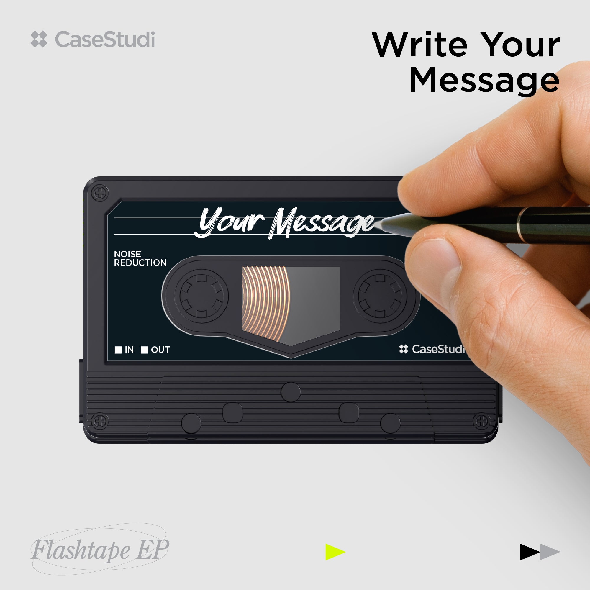 Casestudi Flashtape: A nostalgic cassette-style power bank with a customizable sticker. Keep it blank for a sleek, minimal look, or personalize it with a message, name, or artwork. A creative way to express yourself or share a heartfelt message with someone special.