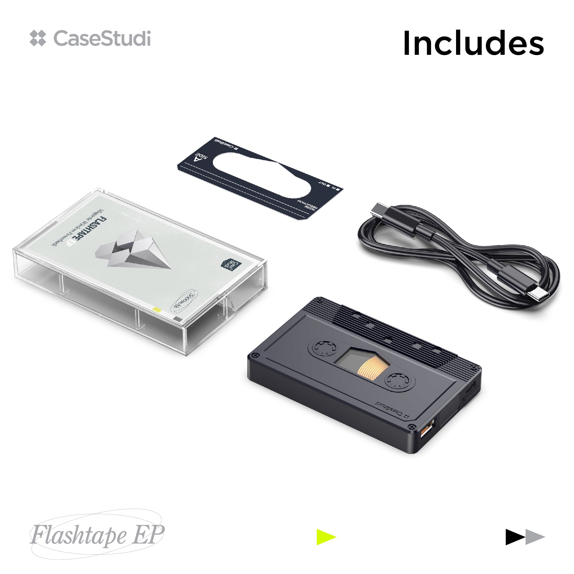 Casestudi Flashtape EP package: Includes one Flashtape EP, one cassette sticker, one USB-C to USB-C cable, and one cassette box.