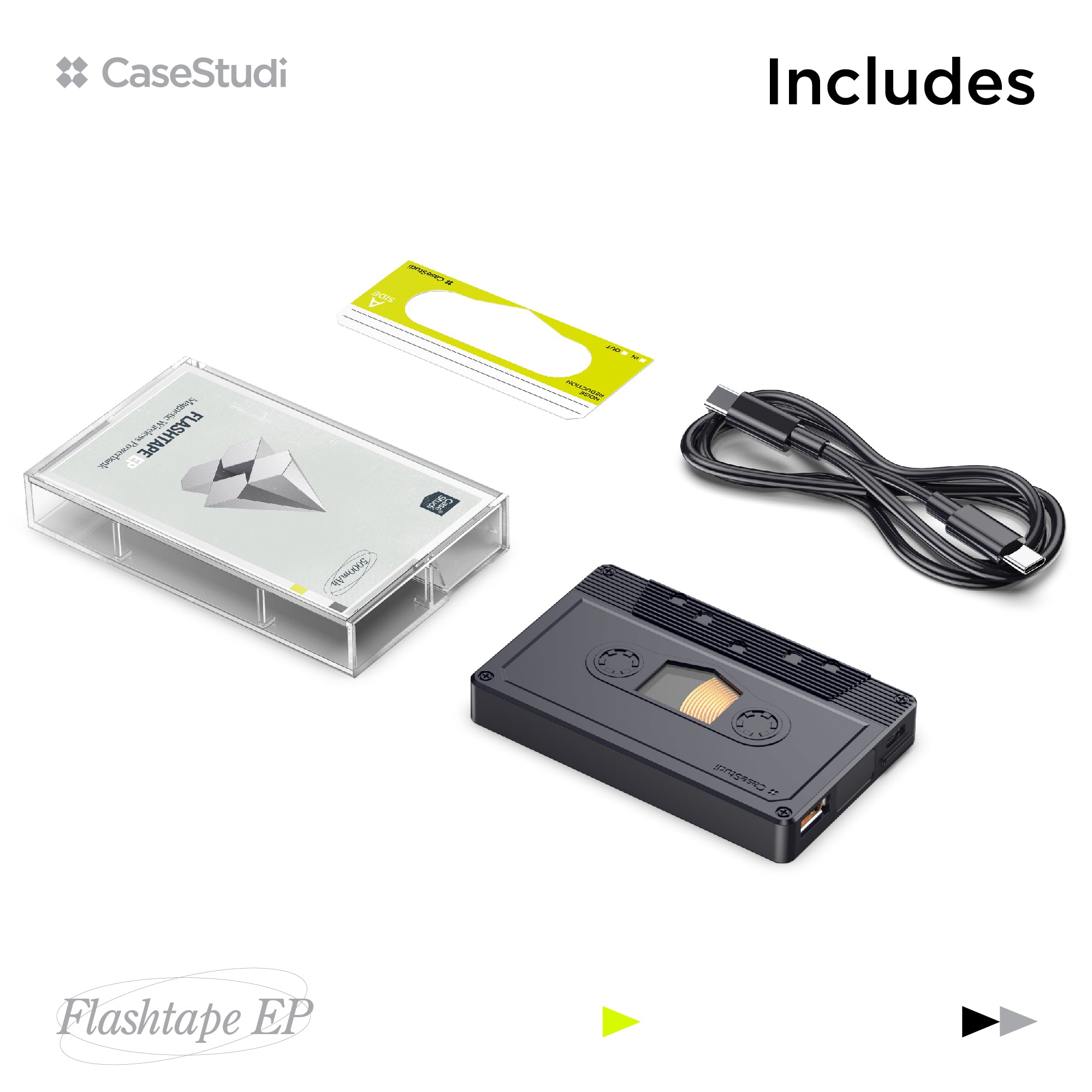 Casestudi Flashtape EP package: Includes one Flashtape EP, one cassette sticker, one USB-C to USB-C cable, and one cassette box.